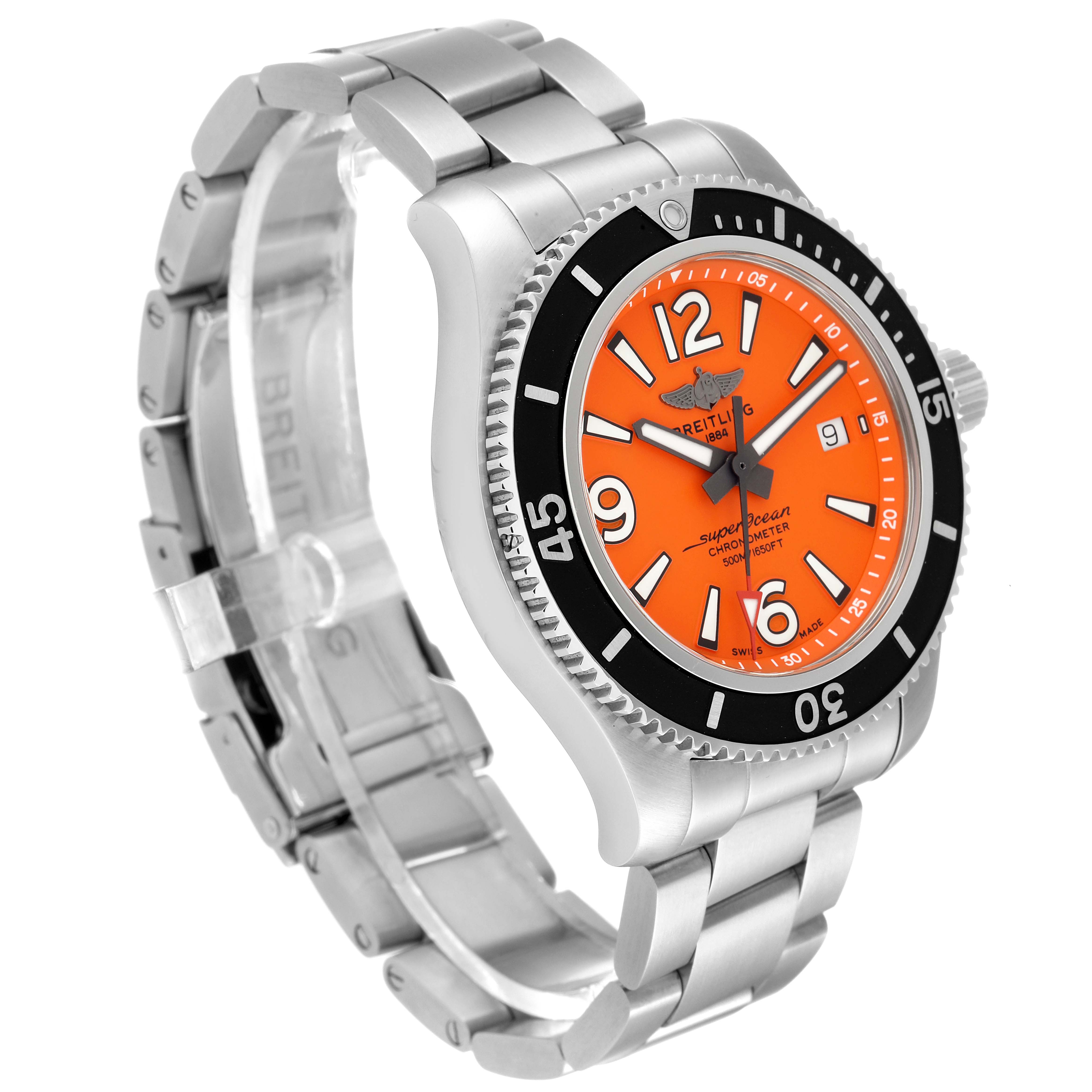 This Breitling Superocean A17366 Men's Stainless Steel Orange Dial A17366 Men's Stainless Steel Orange Dial watch is shown at an oblique angle highlighting its orange dial, black bezel, and metallic strap.
