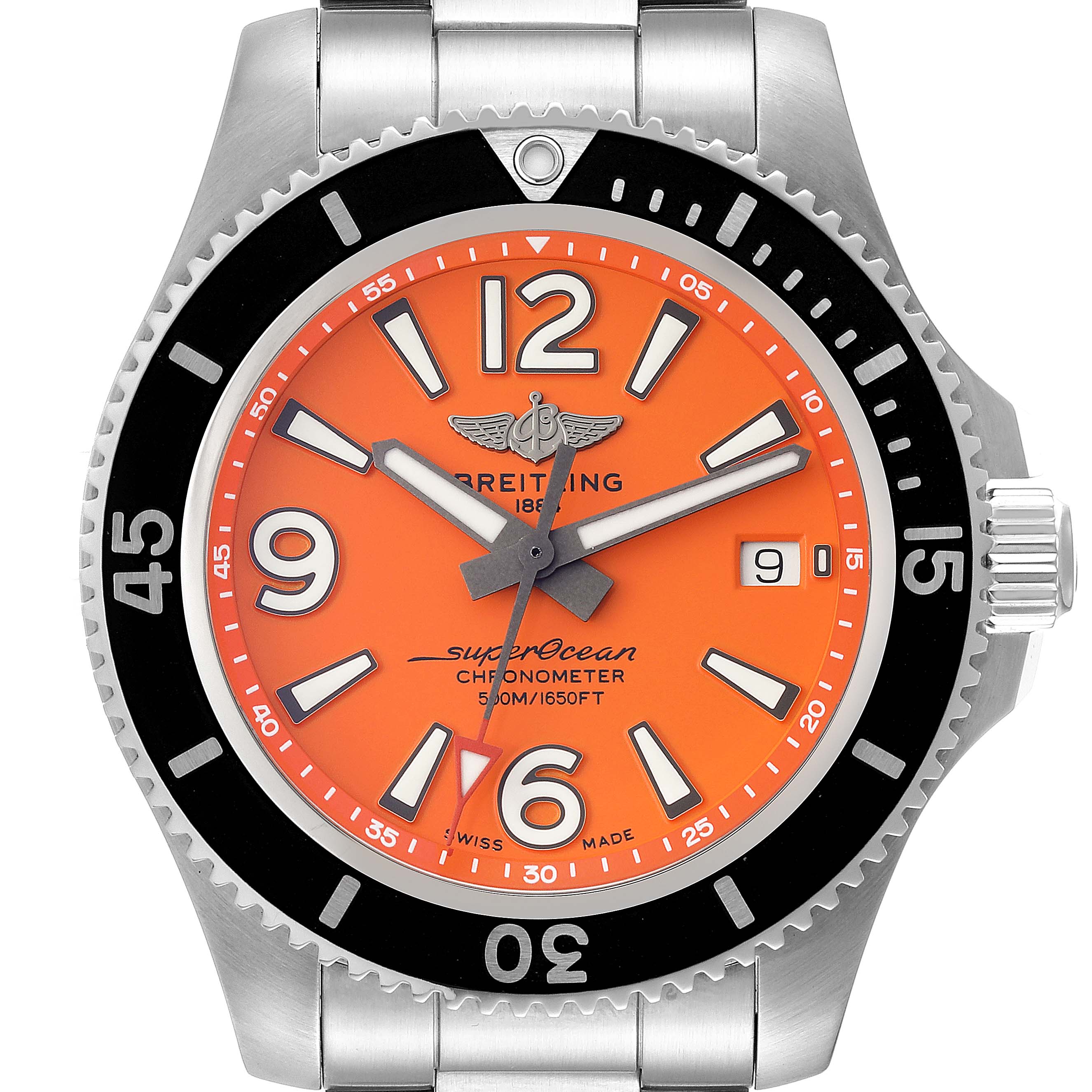 The Breitling Superocean A17366 Men's Stainless Steel Orange Dial A17366 Men's Stainless Steel Orange Dial watch is shown from a front angle, displaying its orange dial, hands, numerals, bezel, and steel bracelet.