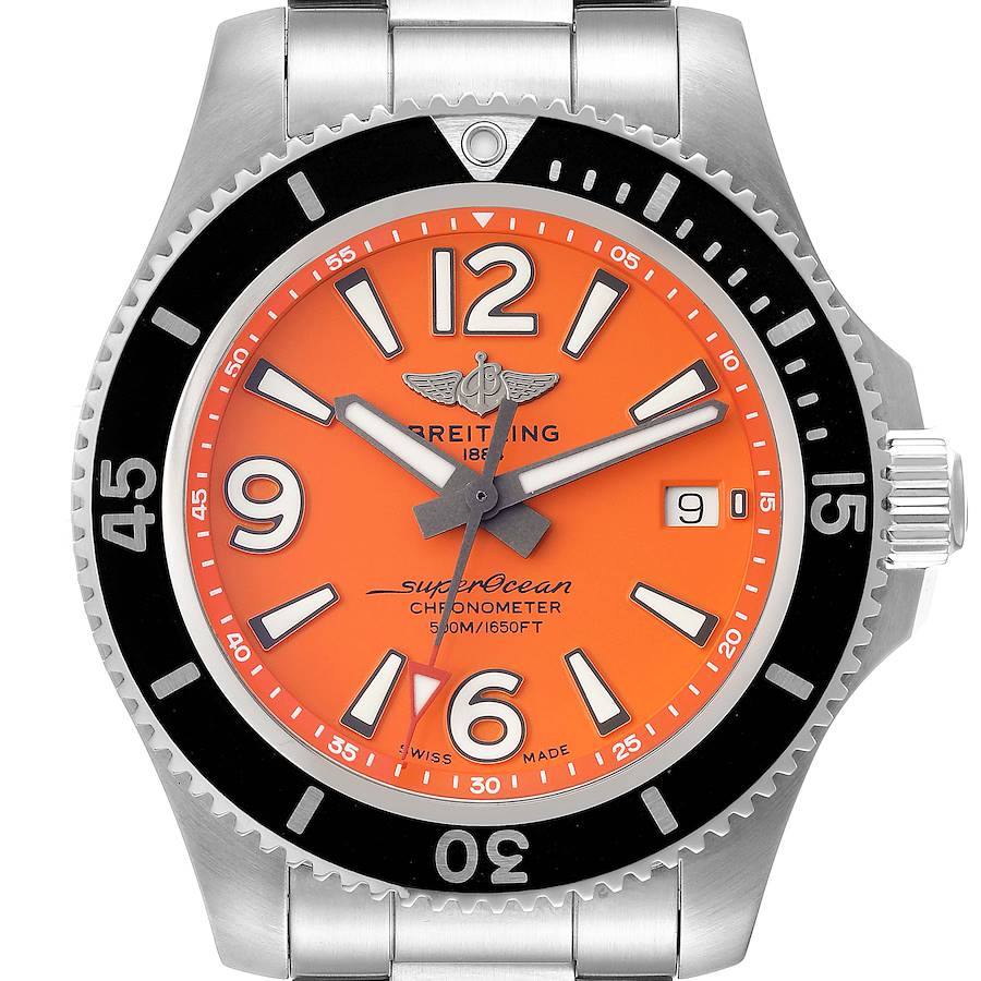 Breitling Superocean 42 Orange Dial Steel Mens Watch A17366 Box Card SwissWatchExpo