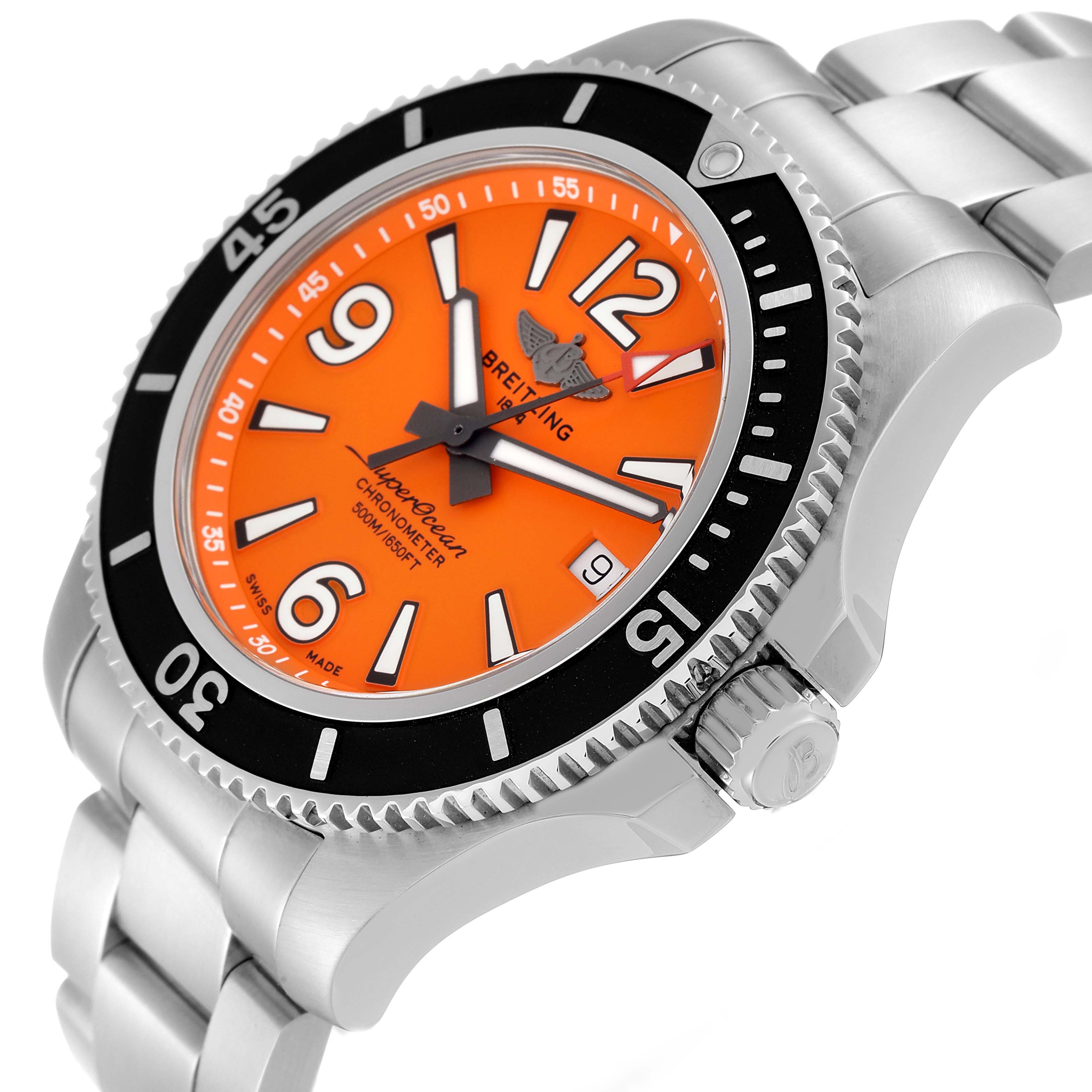 This image shows a close-up angle of a Breitling Superocean A17366 Men's Stainless Steel Orange Dial A17366 Men's Stainless Steel Orange Dial watch, highlighting its orange dial, black bezel, and metal bracelet.