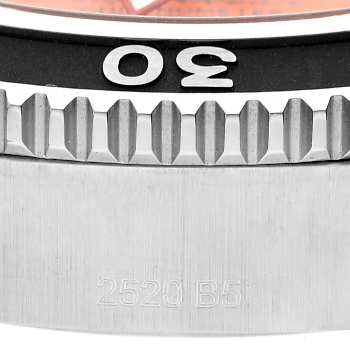 The close-up image shows the bezel and part of the case of a Breitling Superocean A17366 Men's Stainless Steel Orange Dial A17366 Men's Stainless Steel Orange Dial watch, with the model number engraved.