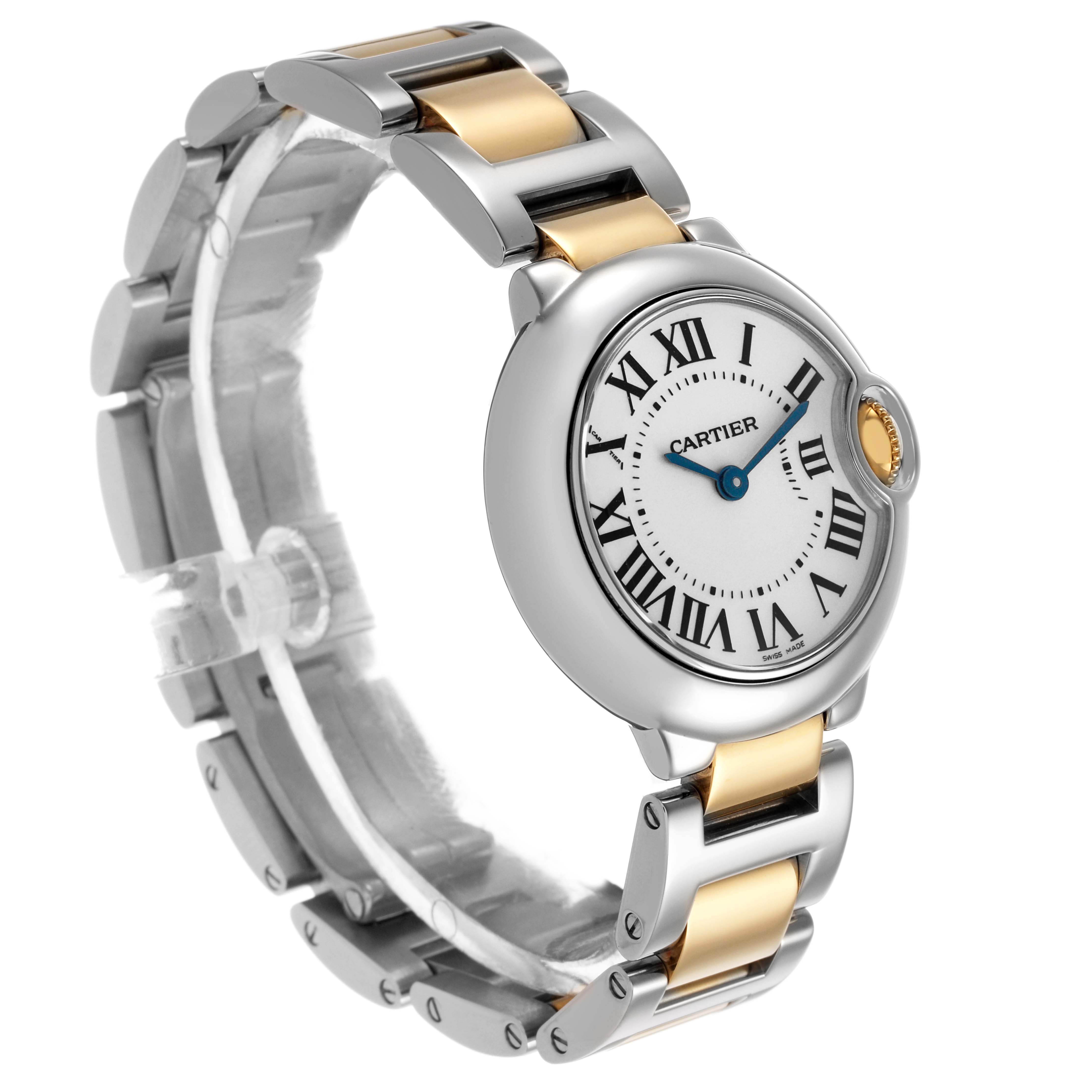 The Cartier Ballon Bleu W69007Z3 Women's Steel and Gold (two tone) Silver Dial watch is shown at an angled side view, highlighting the face, strap, and crown.