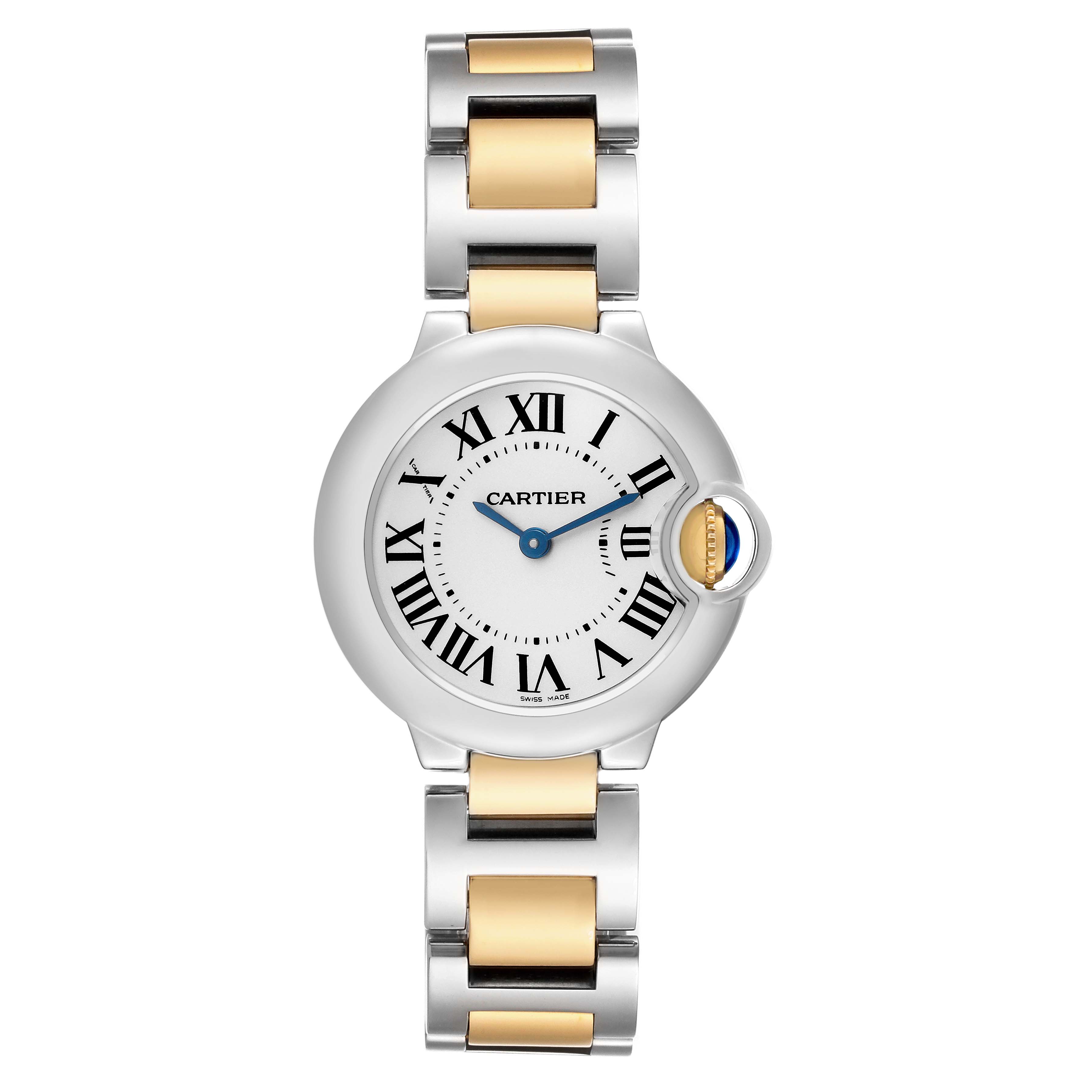 The Cartier Ballon Bleu W69007Z3 Women's Steel and Gold (two tone) Silver Dial watch is shown from a front angle, highlighting its dial, Roman numerals, and two-tone bracelet.