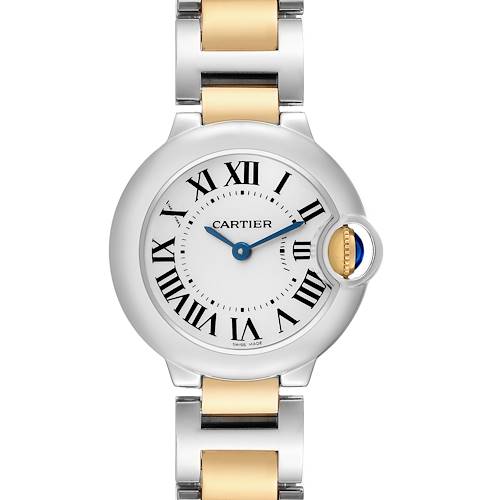The Cartier Ballon Bleu W69007Z3 Women's Steel and Gold (two tone) Silver Dial watch is shown from the front, highlighting the dial, Roman numerals, and the blue cabochon crown.