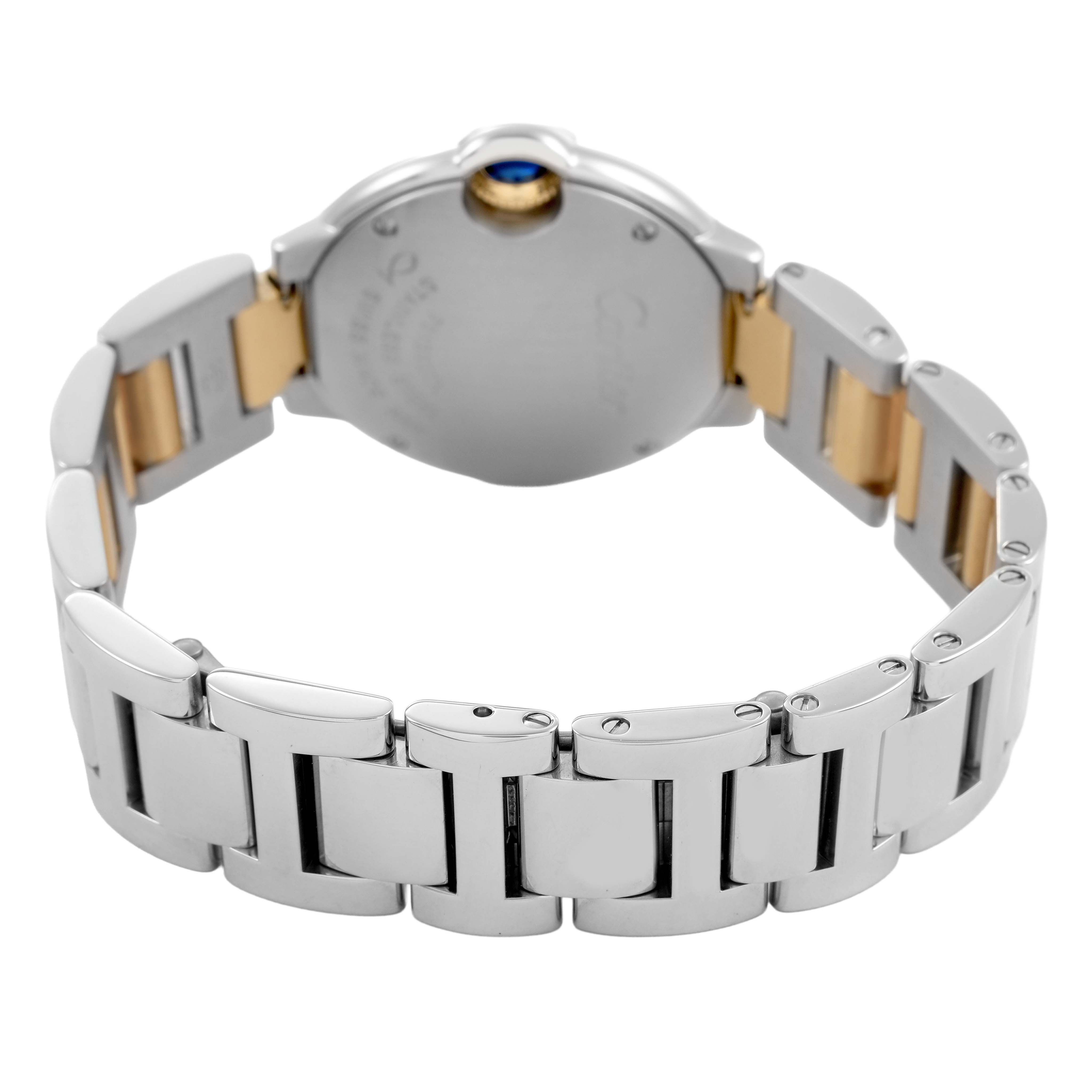 The image shows the underside of a Cartier Ballon Bleu W69007Z3 Women's Steel and Gold (two tone) Silver Dial watch, highlighting the bracelet and case back.