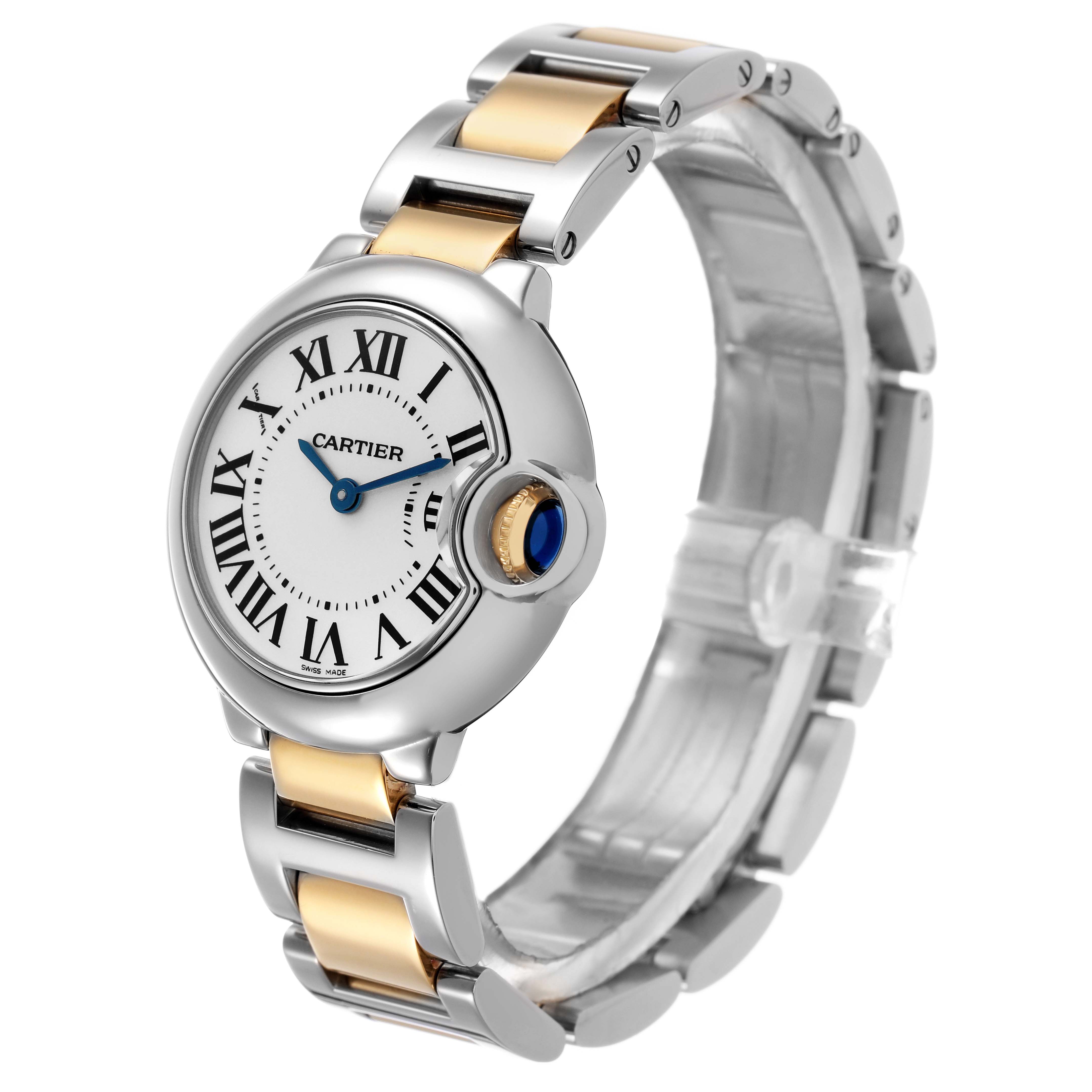 The Cartier Ballon Bleu W69007Z3 Women's Steel and Gold (two tone) Silver Dial watch is shown at an angled view highlighting the face, crown, and two-tone bracelet.