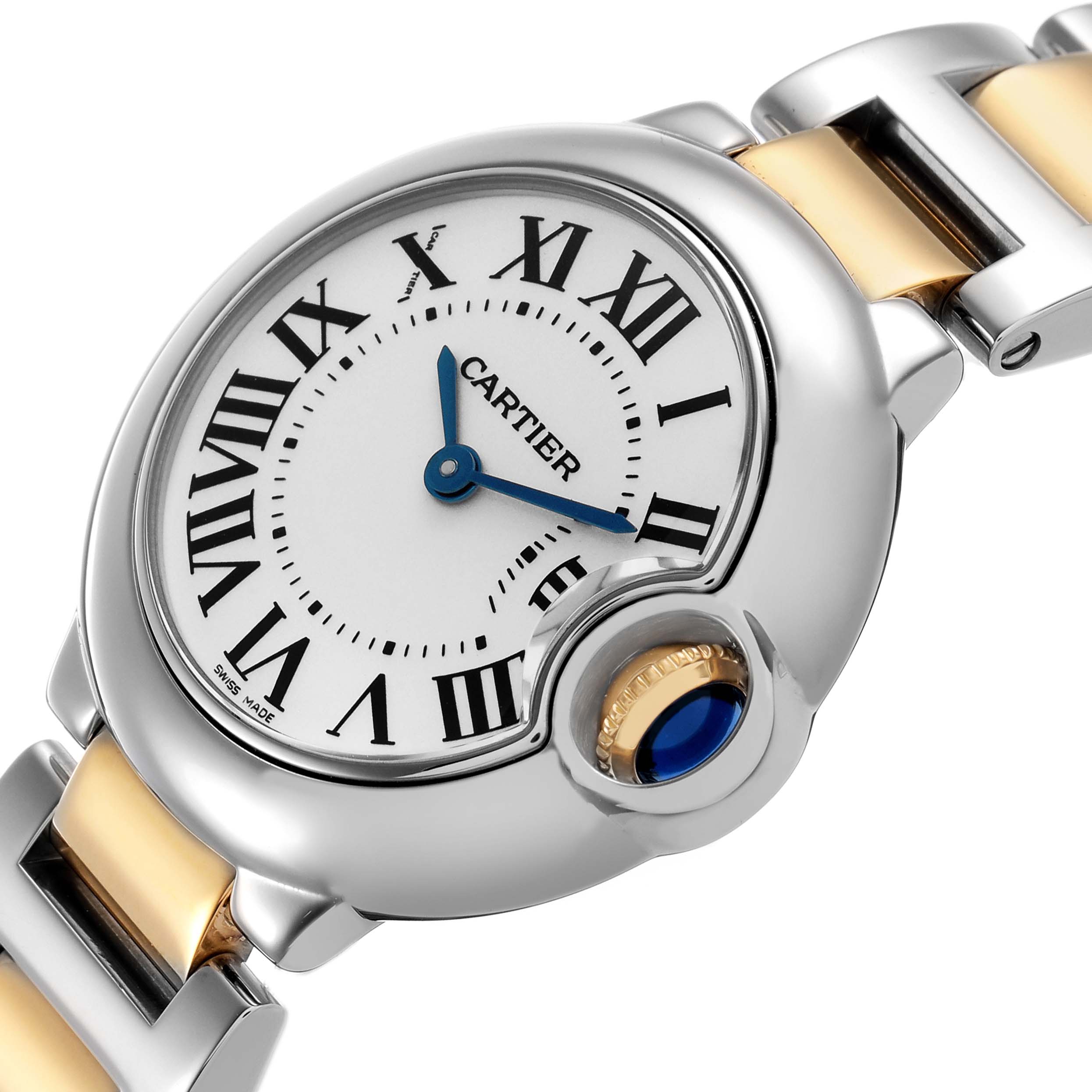 The Cartier Ballon Bleu W69007Z3 Women's Steel and Gold (two tone) Silver Dial watch is shown at an angle highlighting the dial, crown with blue cabochon, and part of the bracelet.