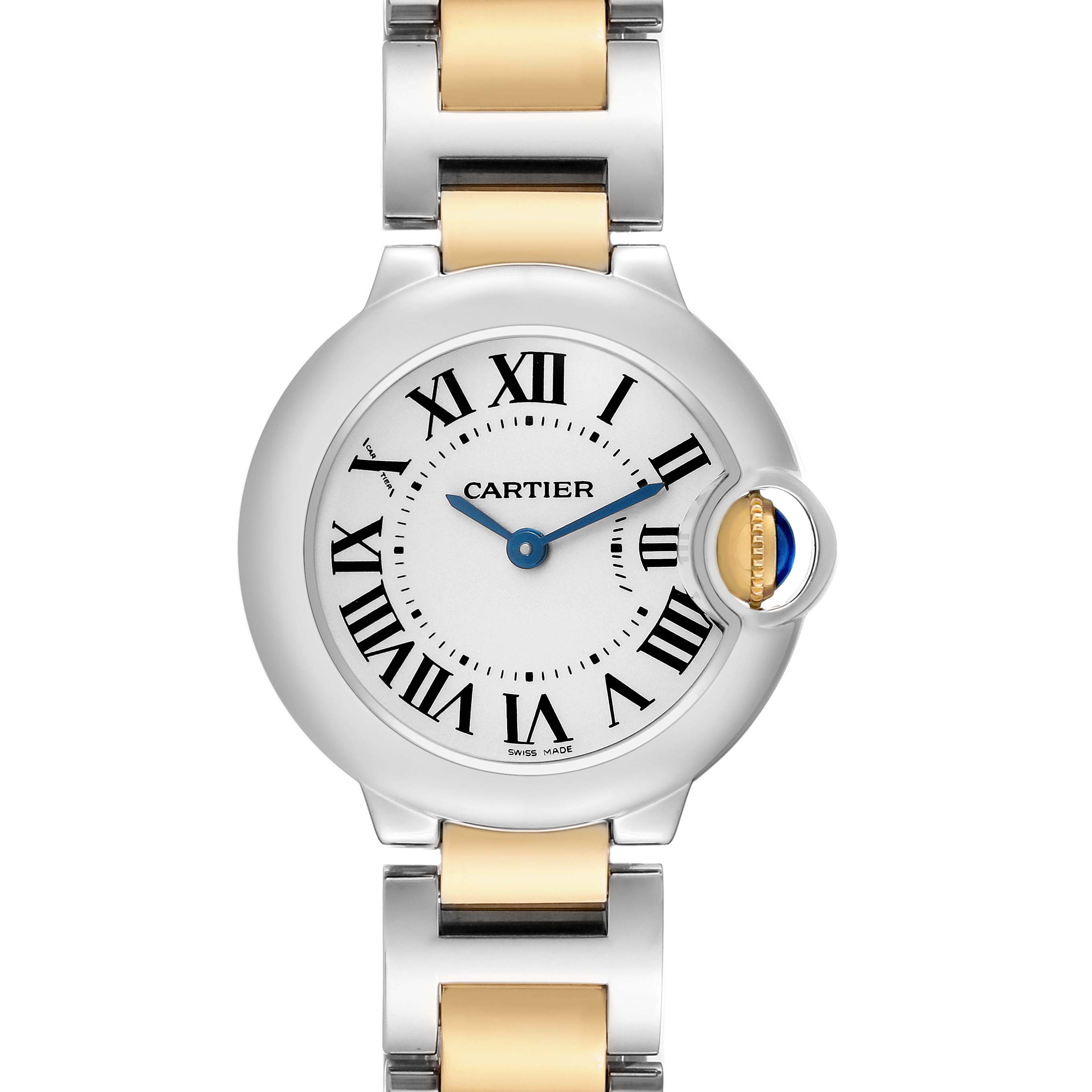 The Ballon Bleu de Cartier is shown from the front, highlighting the face, Roman numerals, and metal bracelet.