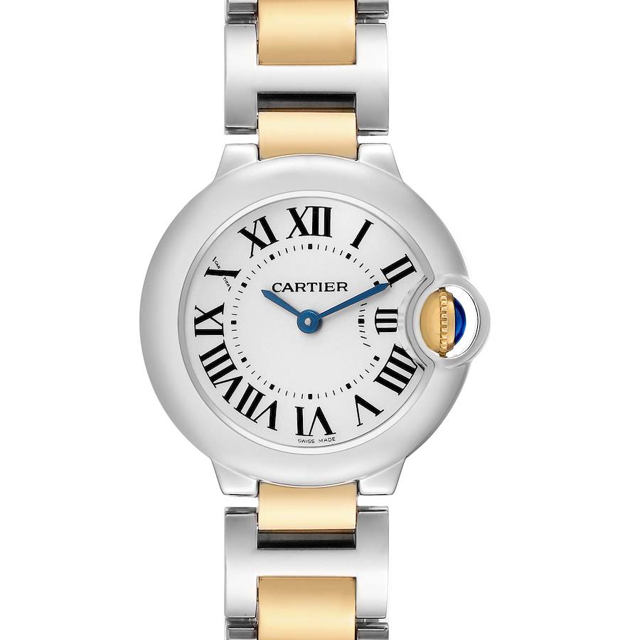 The Ballon Bleu de Cartier is shown from the front, highlighting the face, Roman numerals, and metal bracelet.