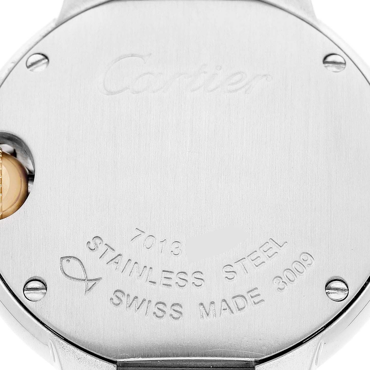 The image shows the back of a Cartier Ballon Bleu W69007Z3 Women's Steel and Gold (two tone) Silver Dial watch case, highlighting the stainless steel material and engraved details.