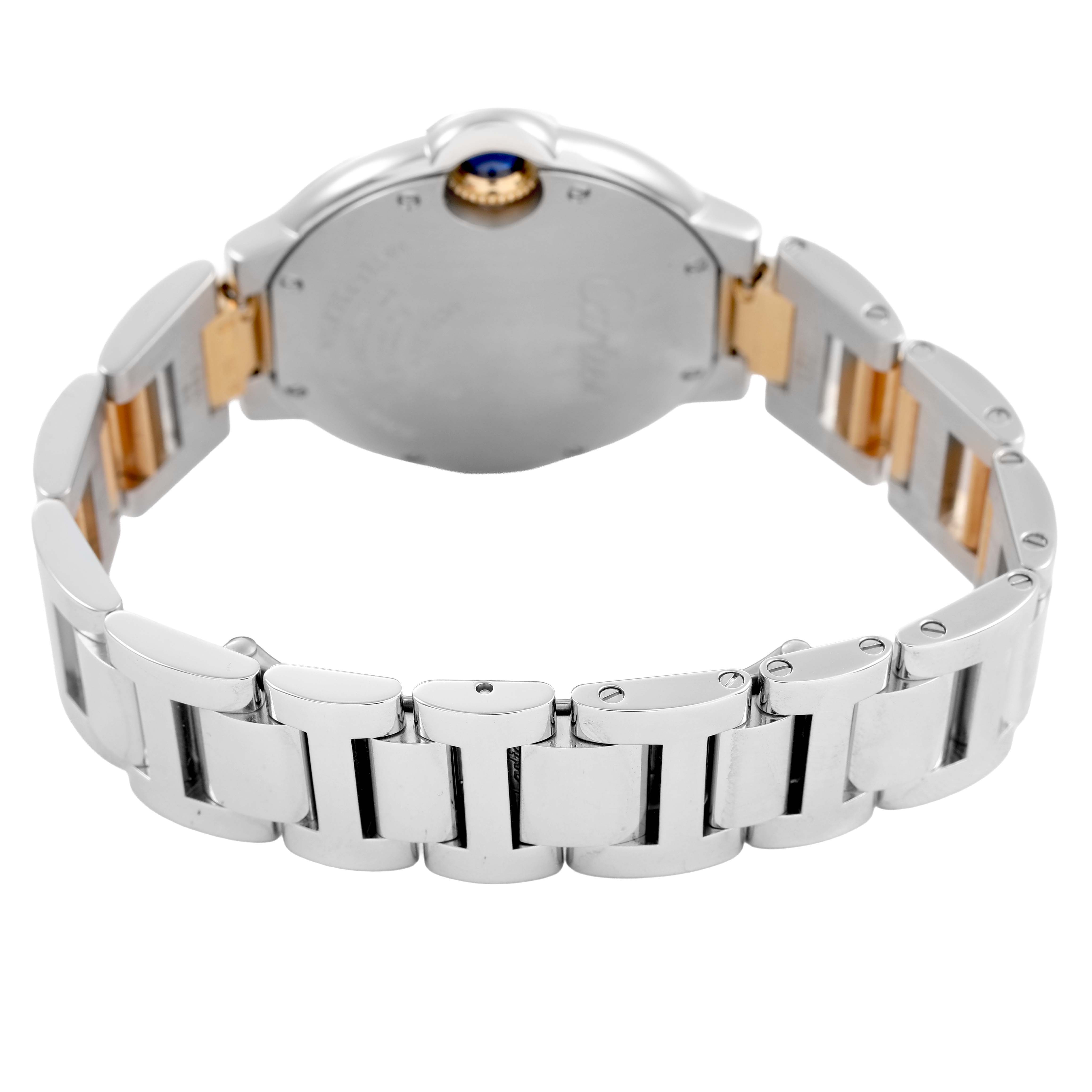 The image shows the back and bracelet of a Cartier Ballon Bleu W2BB0002 Women's Stainless Steel Silver Dial watch, highlighting its metallic links and clasp.