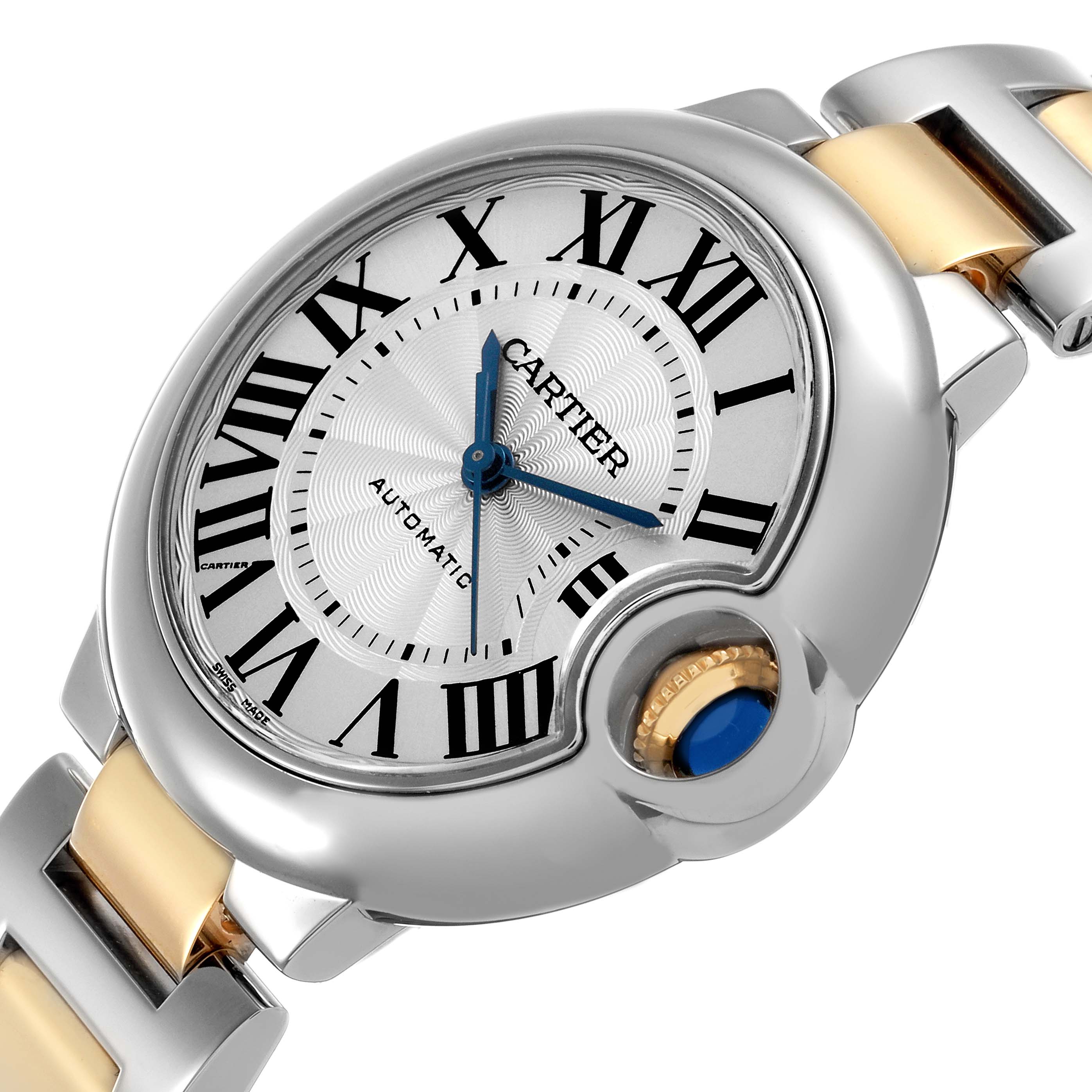 The Cartier Ballon Bleu W2BB0002 Women's Stainless Steel Silver Dial watch is shown at an angle highlighting its face, Roman numerals, blue hands, and crown with a blue cabochon.