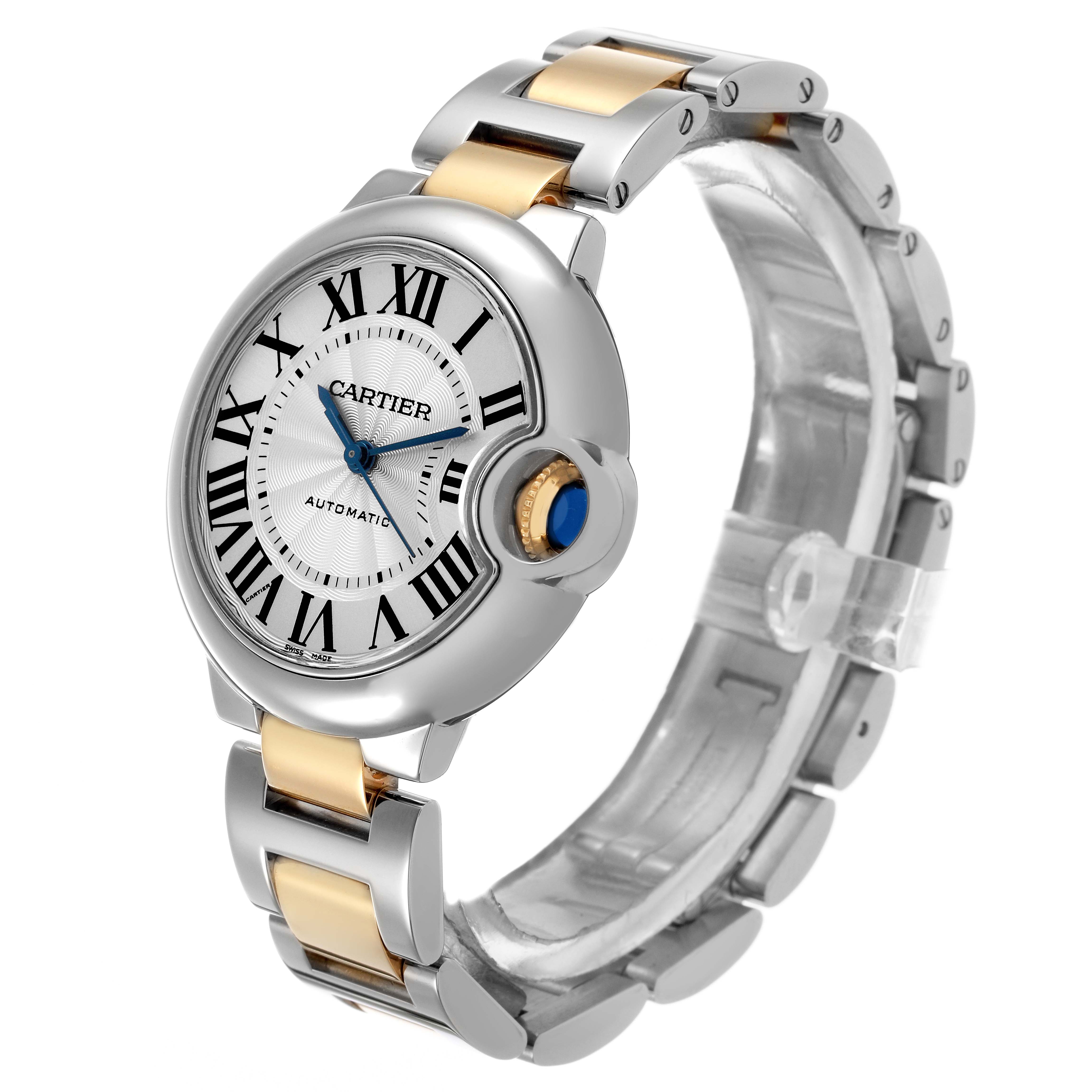 The Cartier Ballon Bleu W2BB0002 Women's Stainless Steel Silver Dial watch is shown at a three-quarter angle, highlighting its face, crown, and bracelet.
