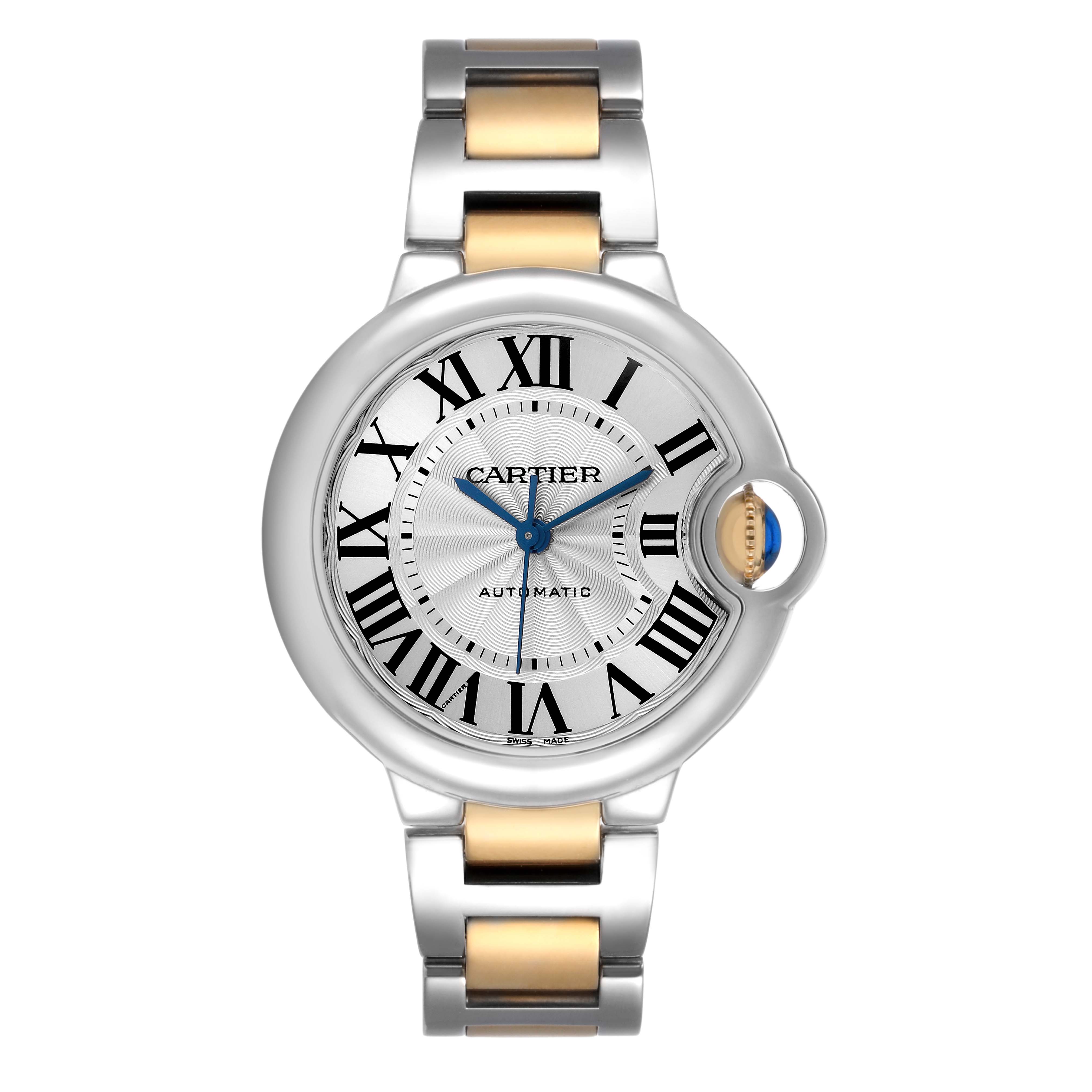 The Cartier Ballon Bleu W2BB0002 Women's Stainless Steel Silver Dial watch is shown from the front, displaying its dial, Roman numerals, and metal bracelet.