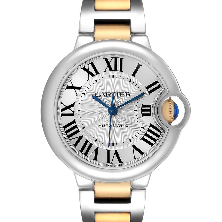 The image shows a front view of the Cartier Ballon Bleu W2BB0002 Women's Stainless Steel Silver Dial watch, highlighting its round case, Roman numerals, and metal bracelet.