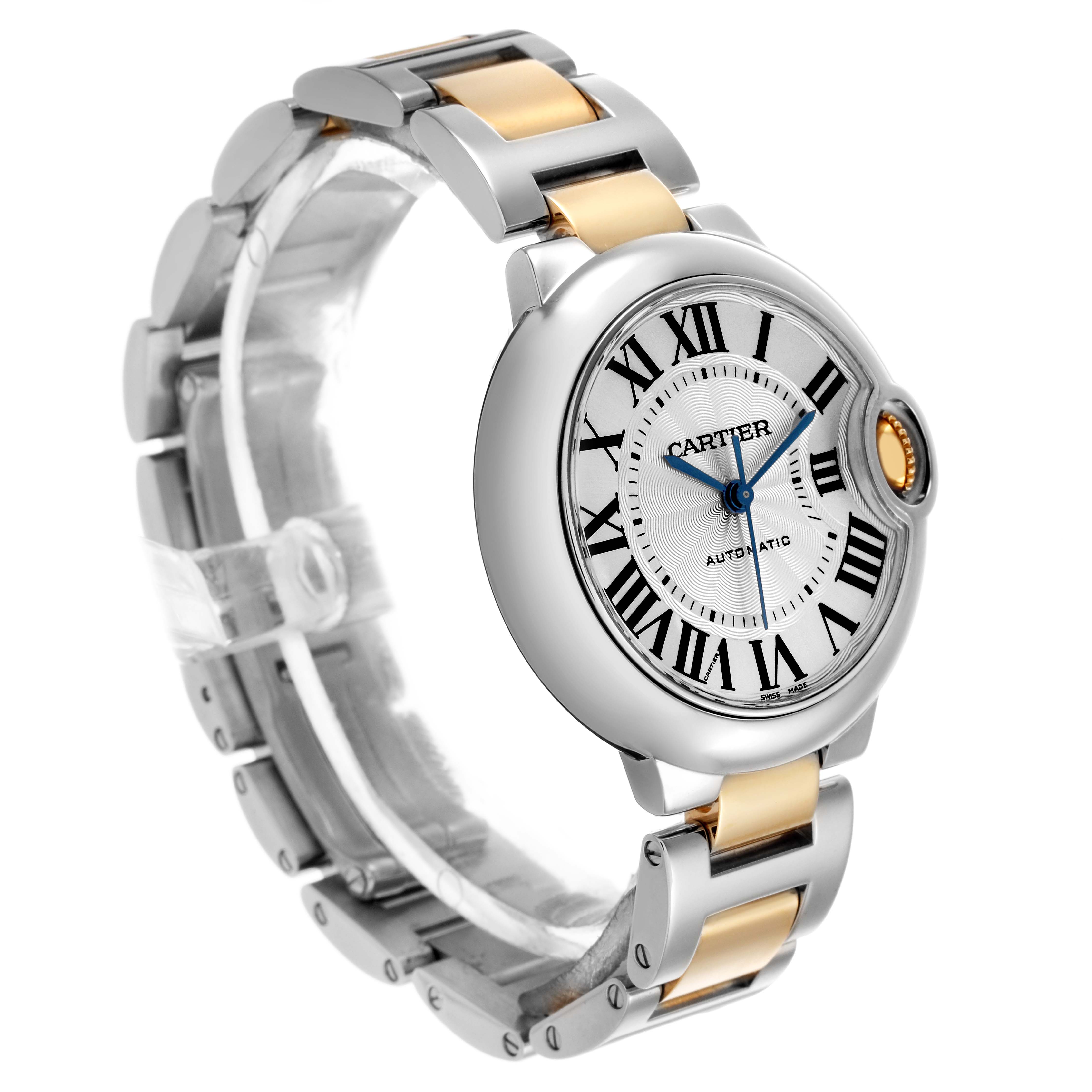 The Cartier Ballon Bleu W2BB0002 Women's Stainless Steel Silver Dial watch is shown at an angled front view, highlighting the face, Roman numerals, and two-tone bracelet.
