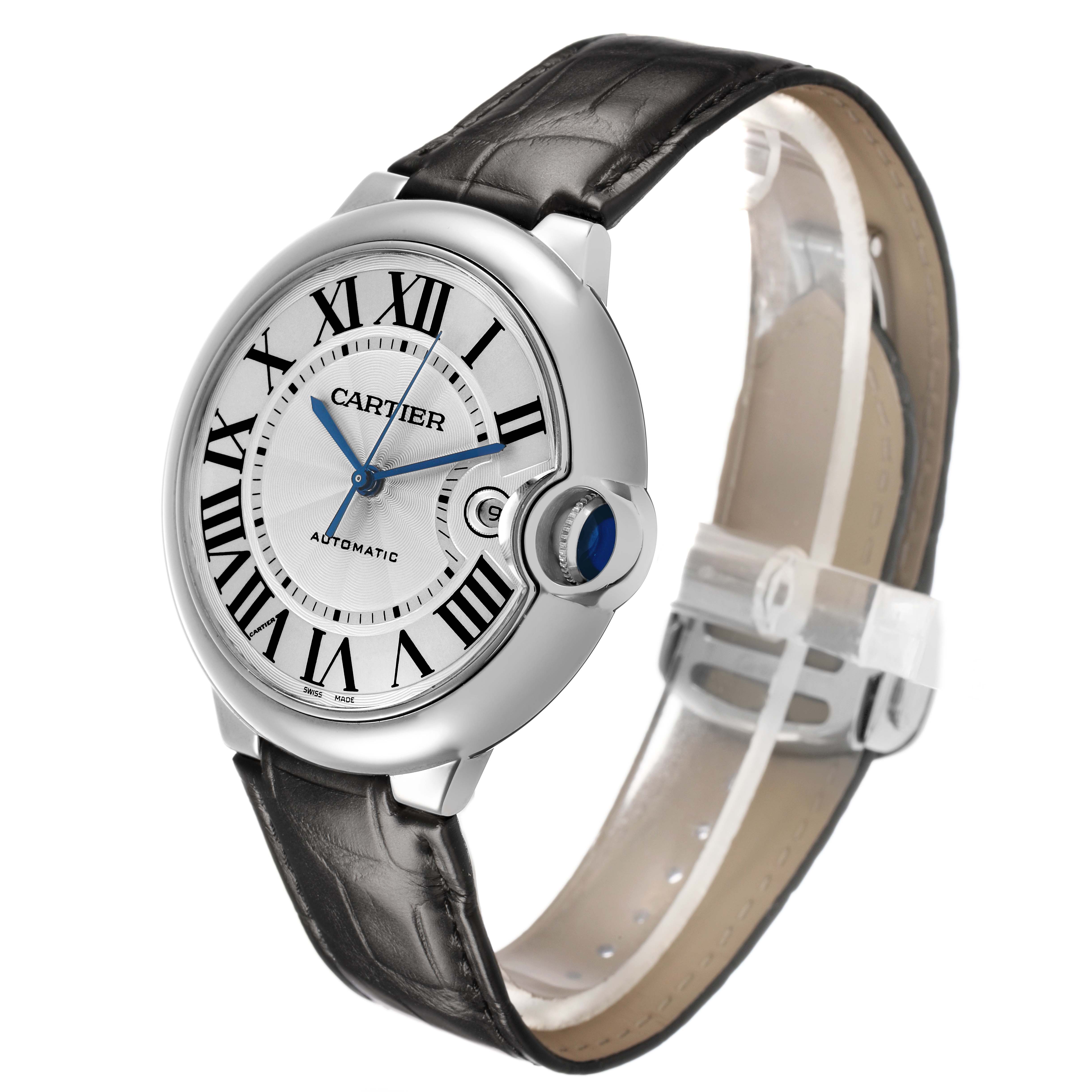 The Cartier Ballon Bleu W69016Z4 Men's Stainless Steel Silver Dial watch is shown at a three-quarter angle, highlighting its face, crown, and leather strap.