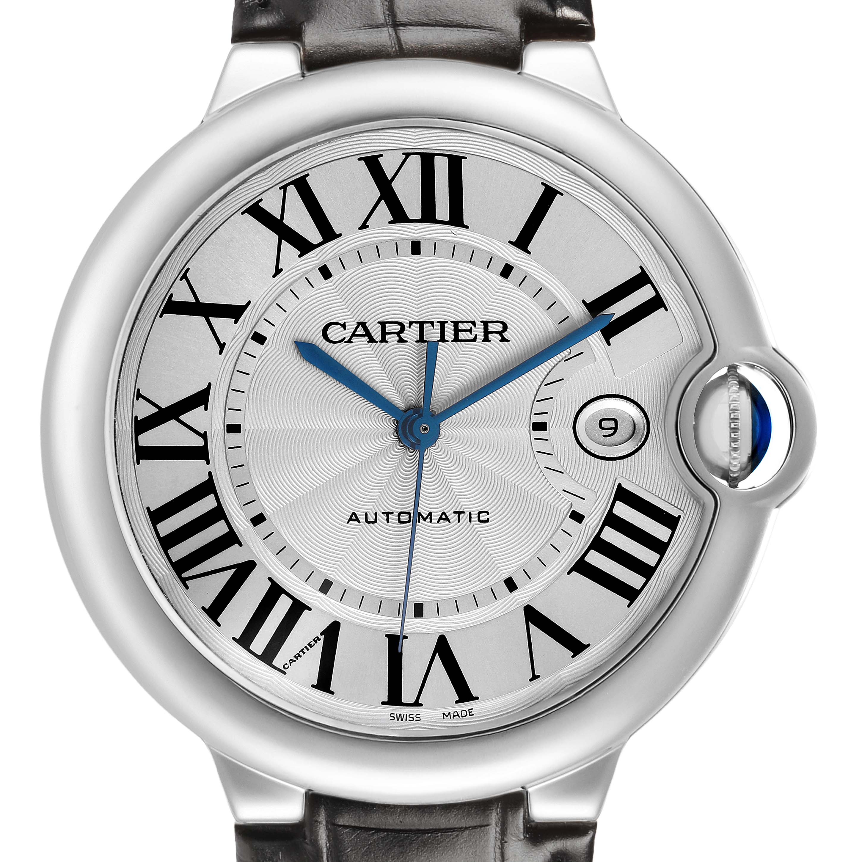 The Cartier Ballon Bleu W69016Z4 Men's Stainless Steel Silver Dial watch is shown from the front, highlighting its dial, Roman numerals, blue hands, date window, and crown.