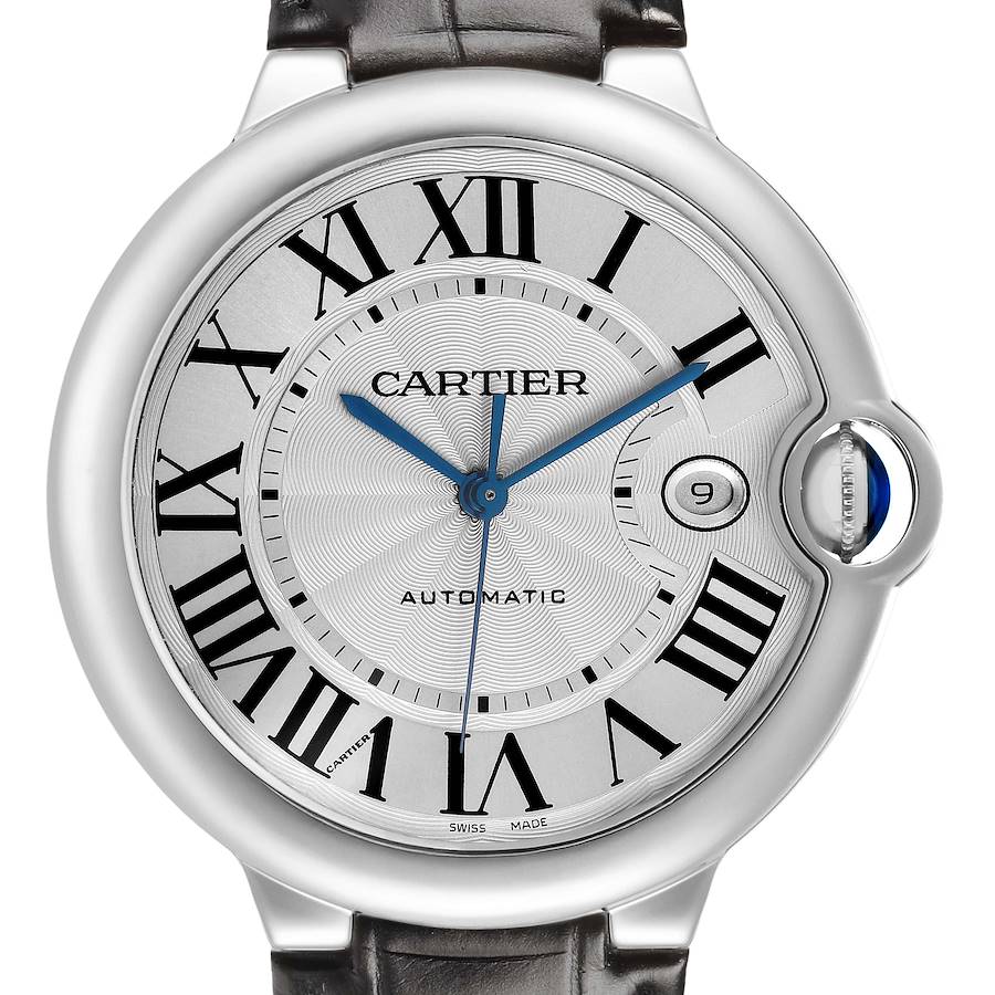 The Cartier Ballon Bleu W69016Z4 Men's Stainless Steel Silver Dial watch is shown from the front, highlighting its dial, Roman numerals, blue hands, date window, and crown.