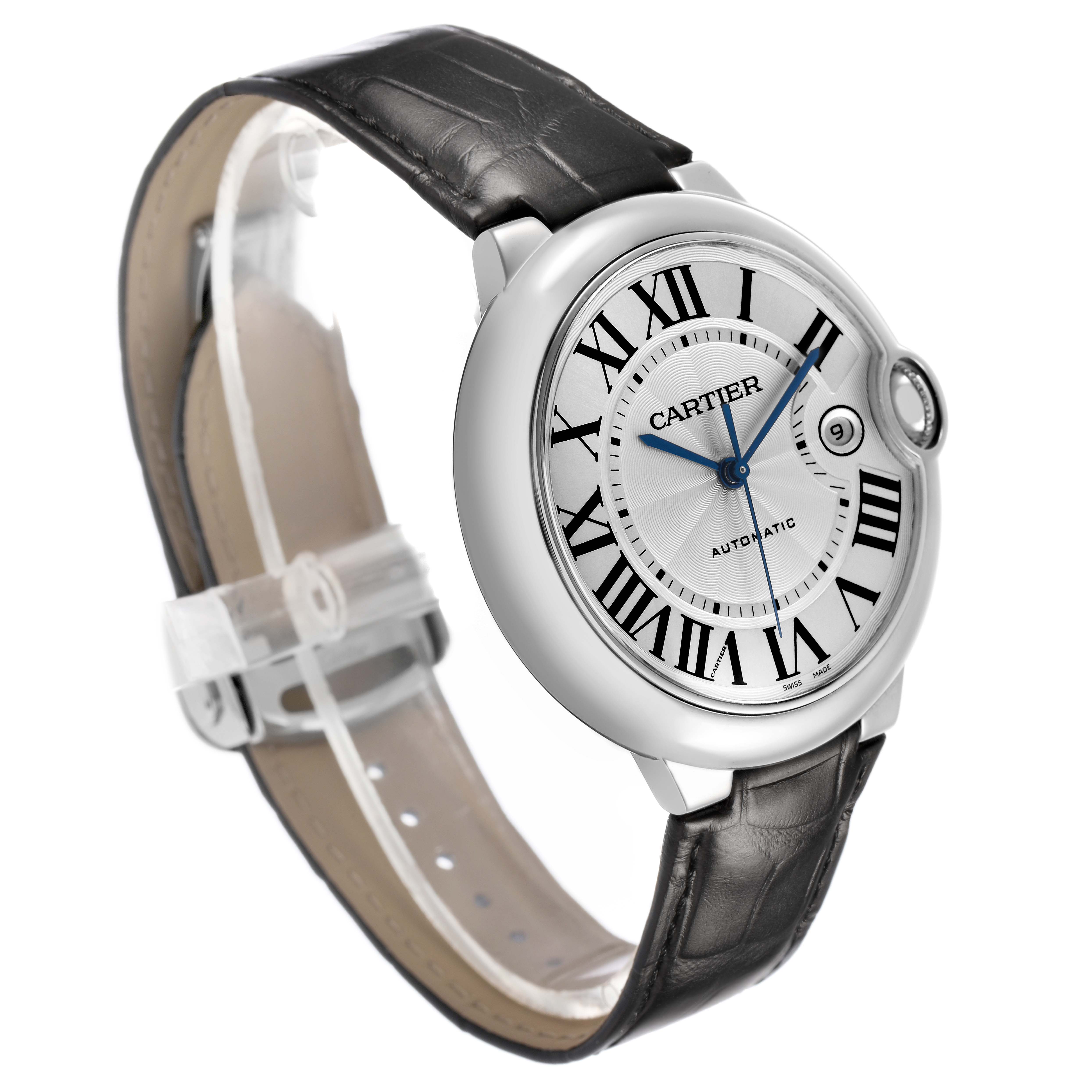 The Cartier Ballon Bleu W69016Z4 Men's Stainless Steel Silver Dial watch is shown at a three-quarter angle, highlighting the dial, Roman numerals, and leather strap.