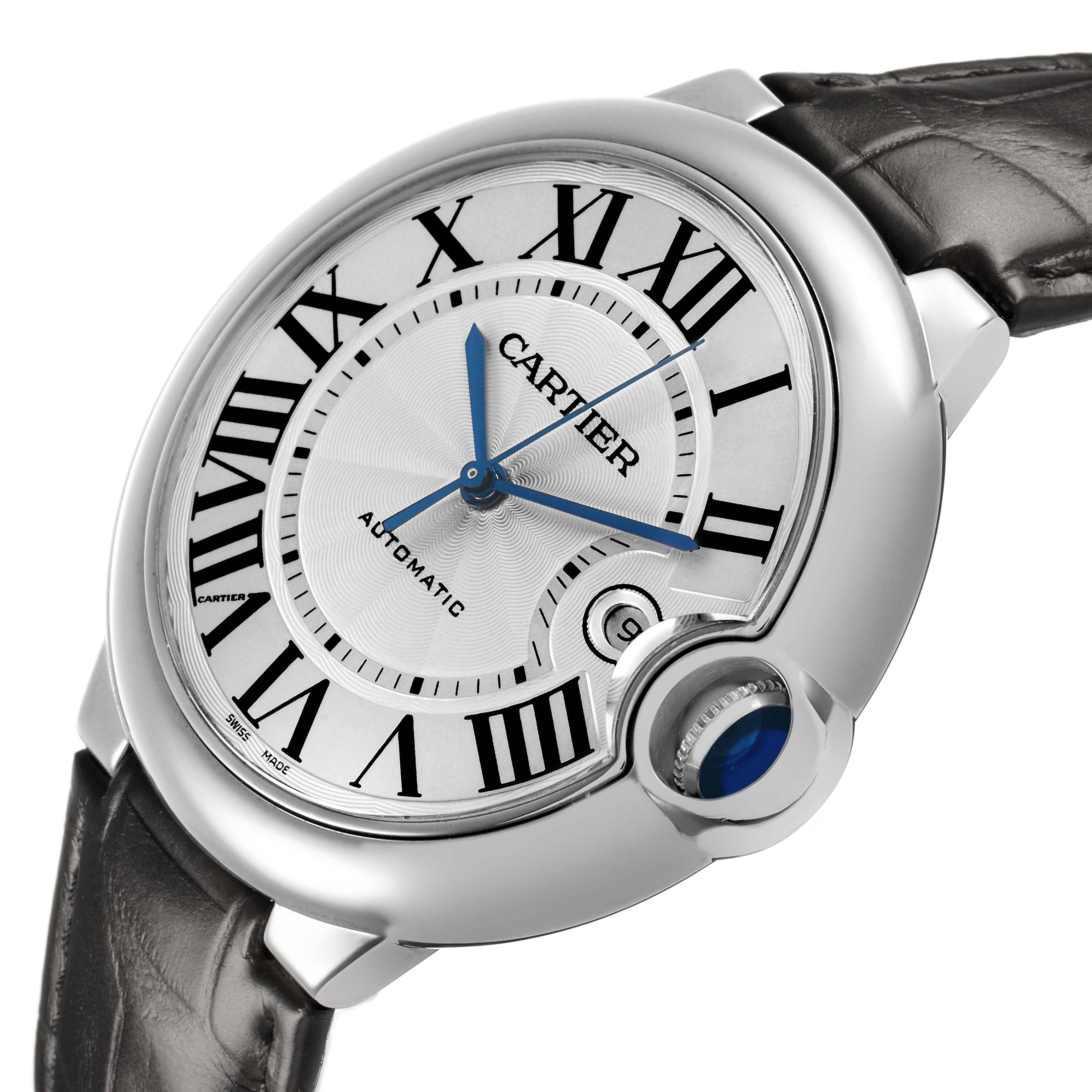 The Cartier Ballon Bleu W69016Z4 Men's Stainless Steel Silver Dial watch is shown at an angle highlighting its face, Roman numerals, and crown with a blue cabochon.