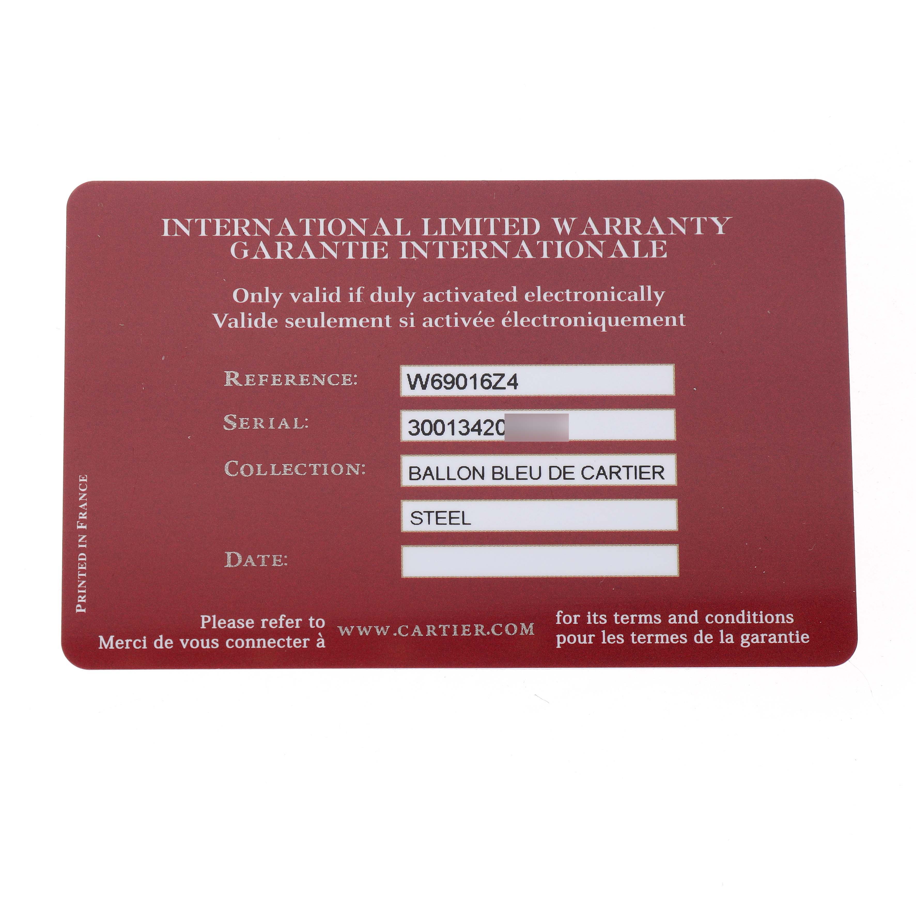 The image shows the Cartier Ballon Bleu W69016Z4 Men's Stainless Steel Silver Dial model's warranty card from a top-down angle.