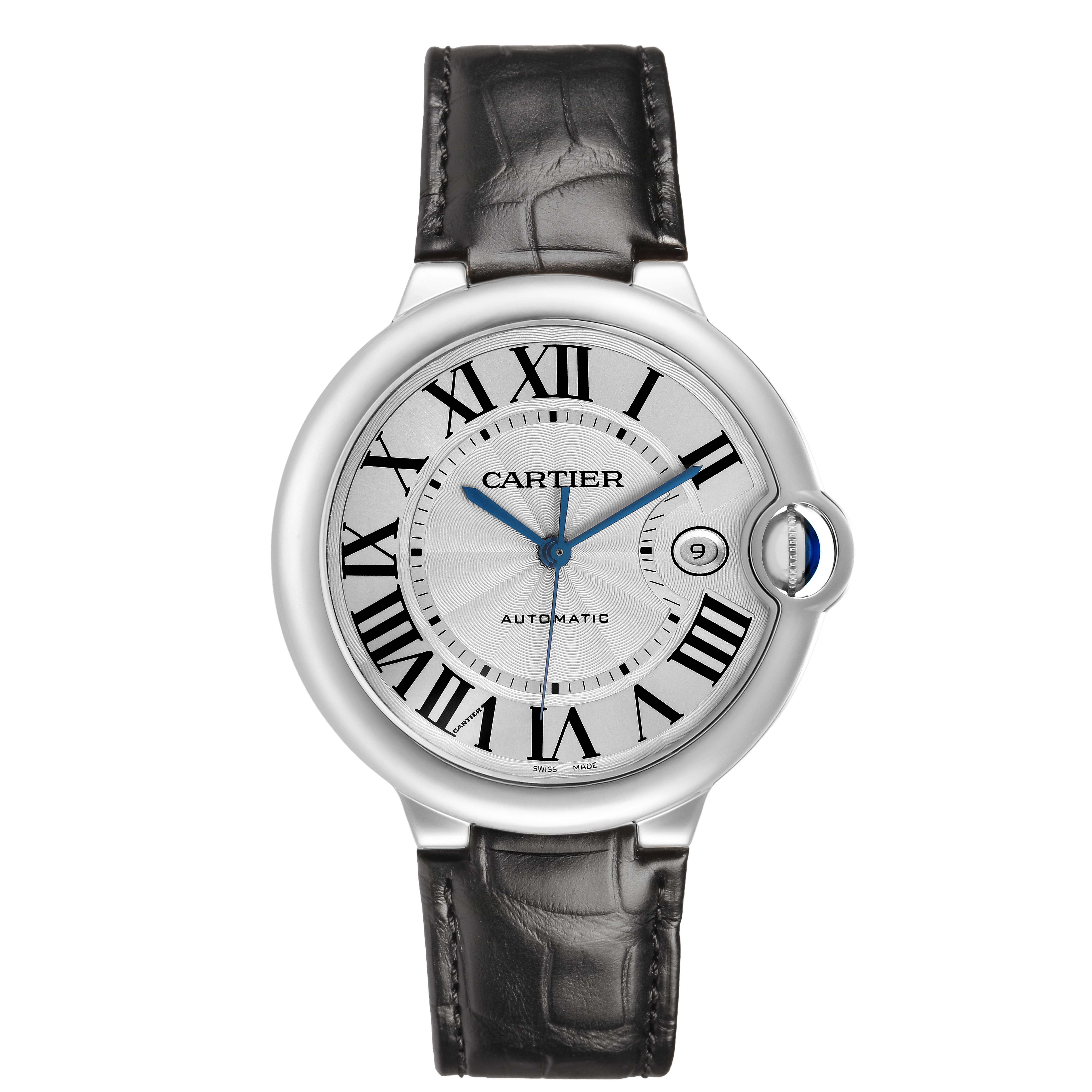 The Cartier Ballon Bleu W69016Z4 Men's Stainless Steel Silver Dial watch is shown from a front angle, displaying its dial, Roman numerals, hands, and leather strap.