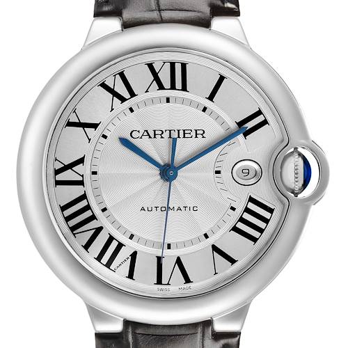 The image shows a front view of the Cartier Ballon Bleu W69016Z4 Men's Stainless Steel Silver Dial watch, highlighting the dial, hands, Roman numerals, and crown.