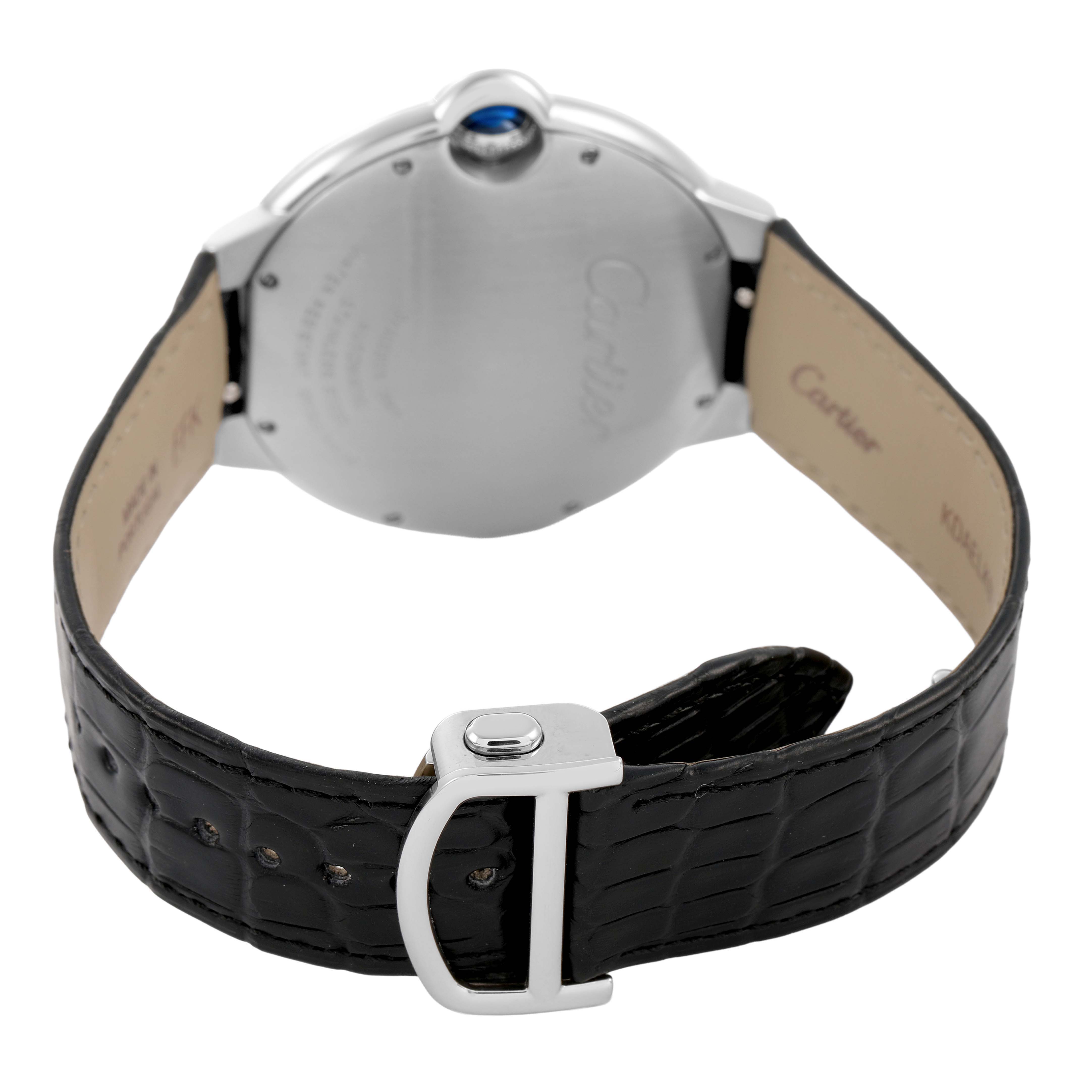 The image shows the back view of a Cartier Ballon Bleu W69016Z4 Men's Stainless Steel Silver Dial watch, highlighting the leather strap and clasp.