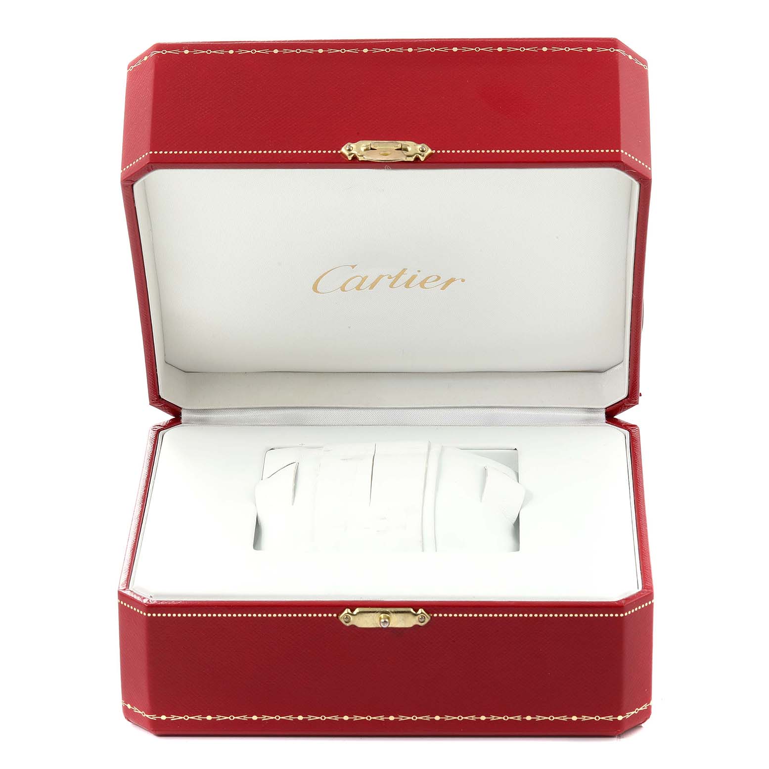 The image shows a Calibre de Cartier watch inside a red Cartier box, viewed from the front with the lid open.