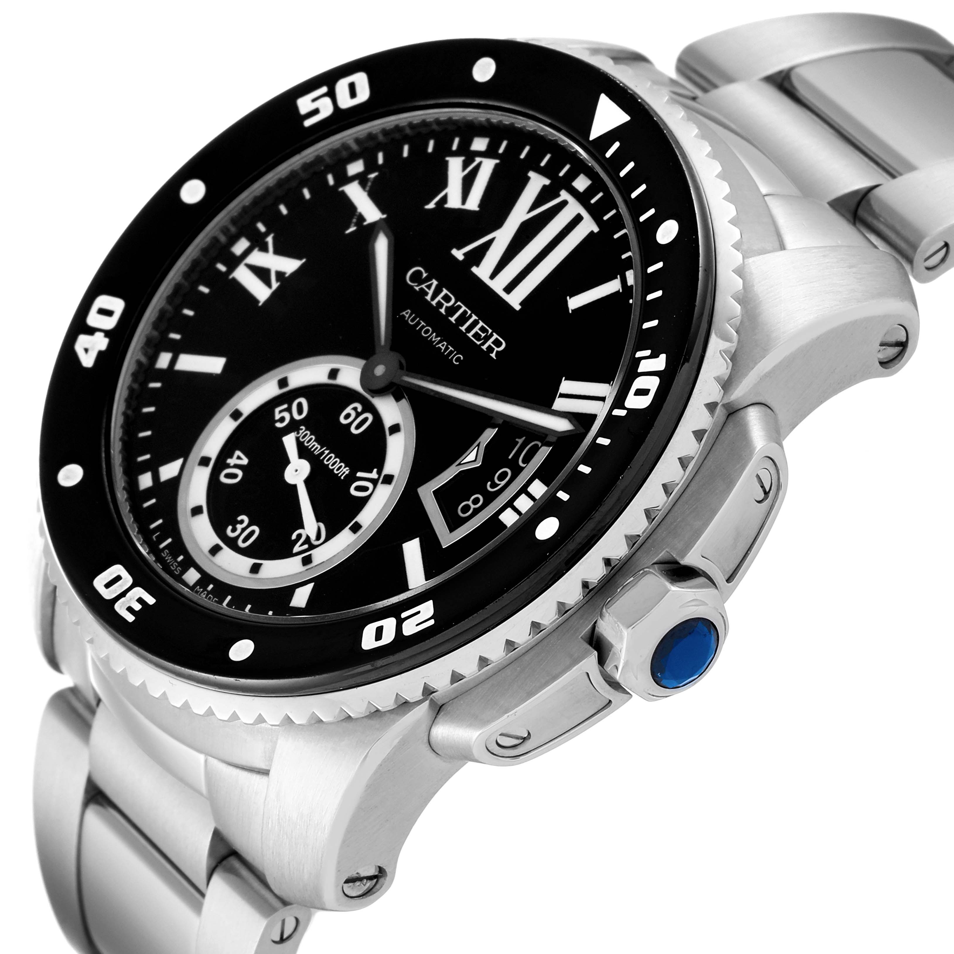 The image shows a Calibre de Cartier watch by Cartier at an angled side view, highlighting its bezel, bracelet, and crown.