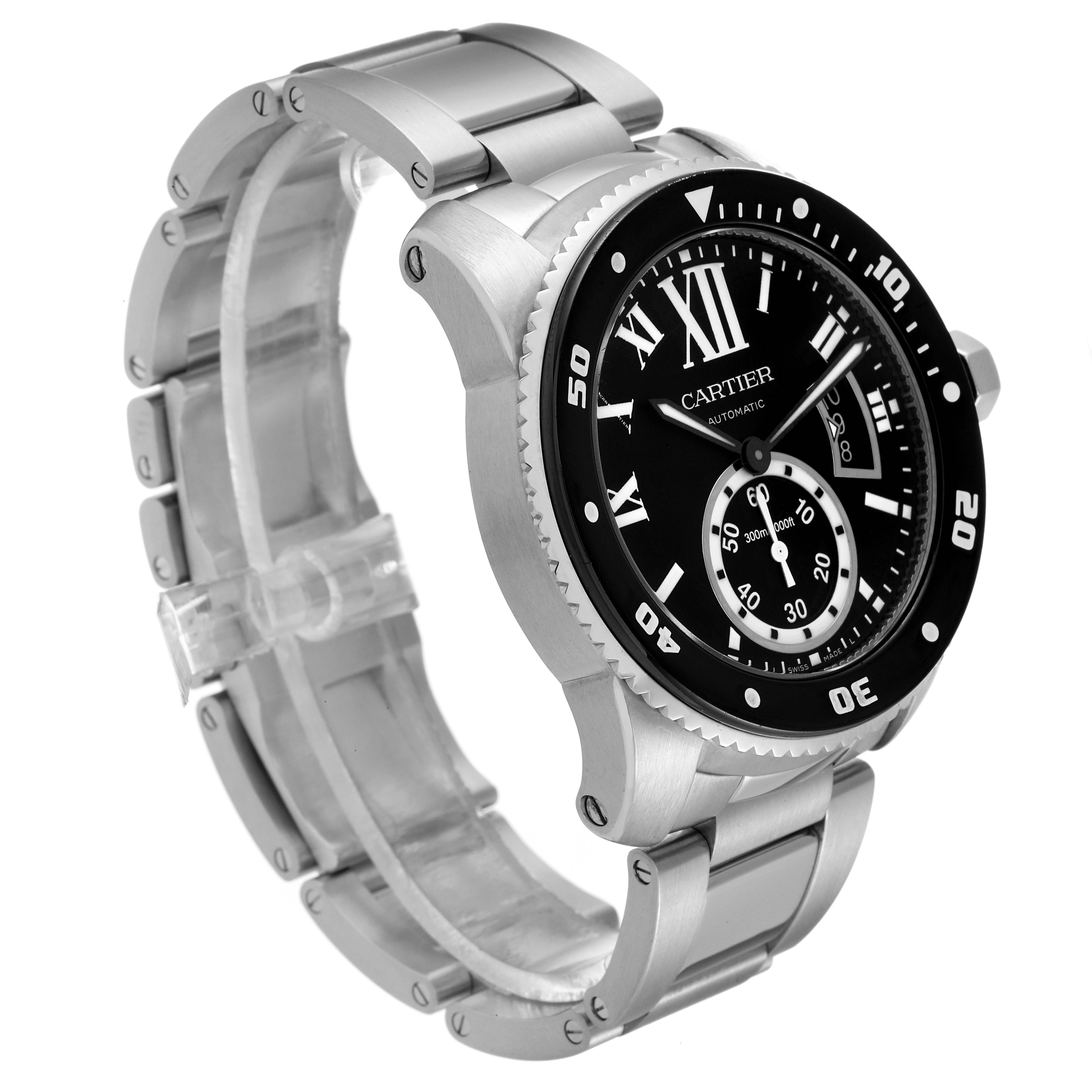 The image shows a Calibre de Cartier watch by Cartier from a side angle, highlighting the bracelet, bezel, and face.