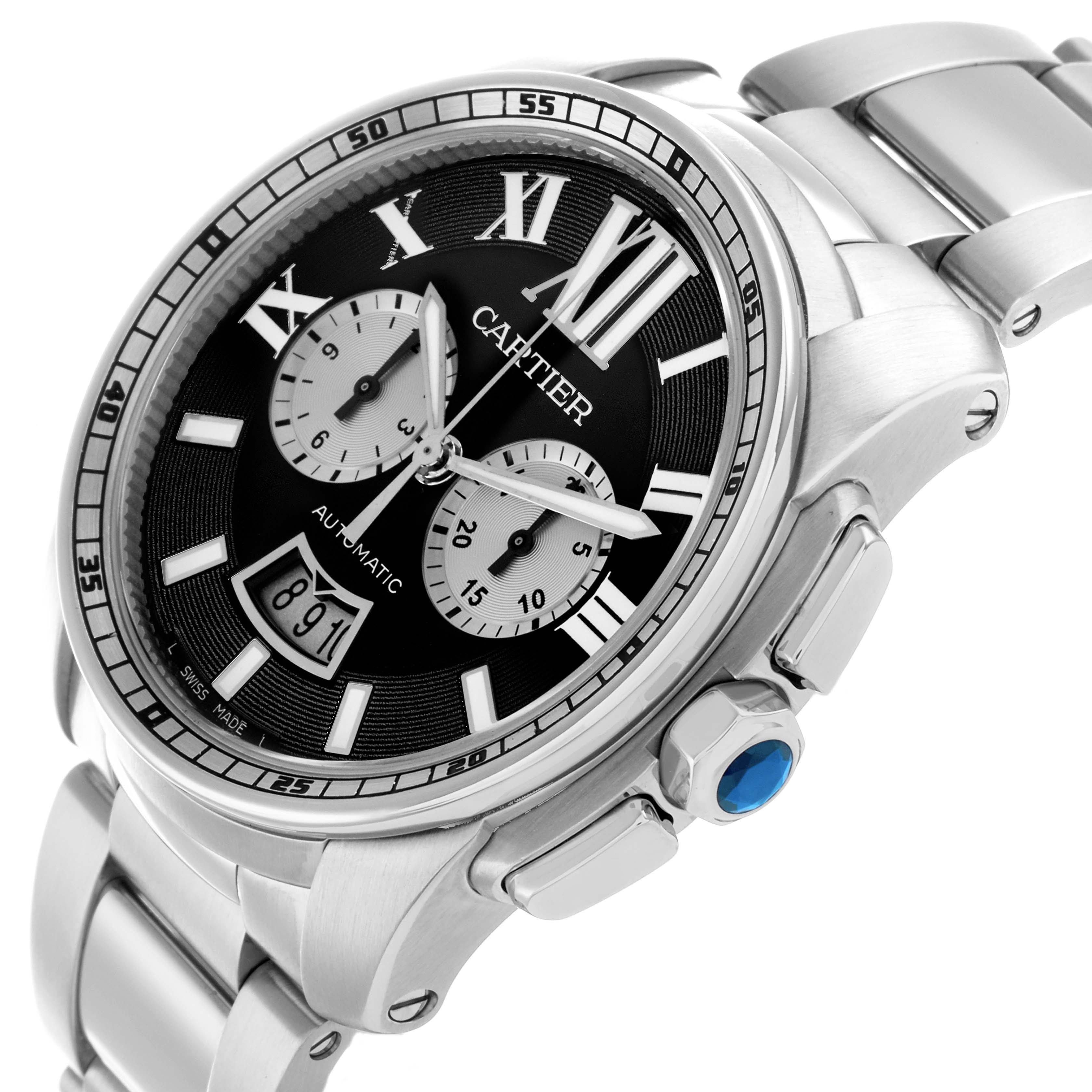 The Calibre de Cartier watch is shown at an angled view highlighting the case, dial, chronograph subdials, date window, and bracelet.