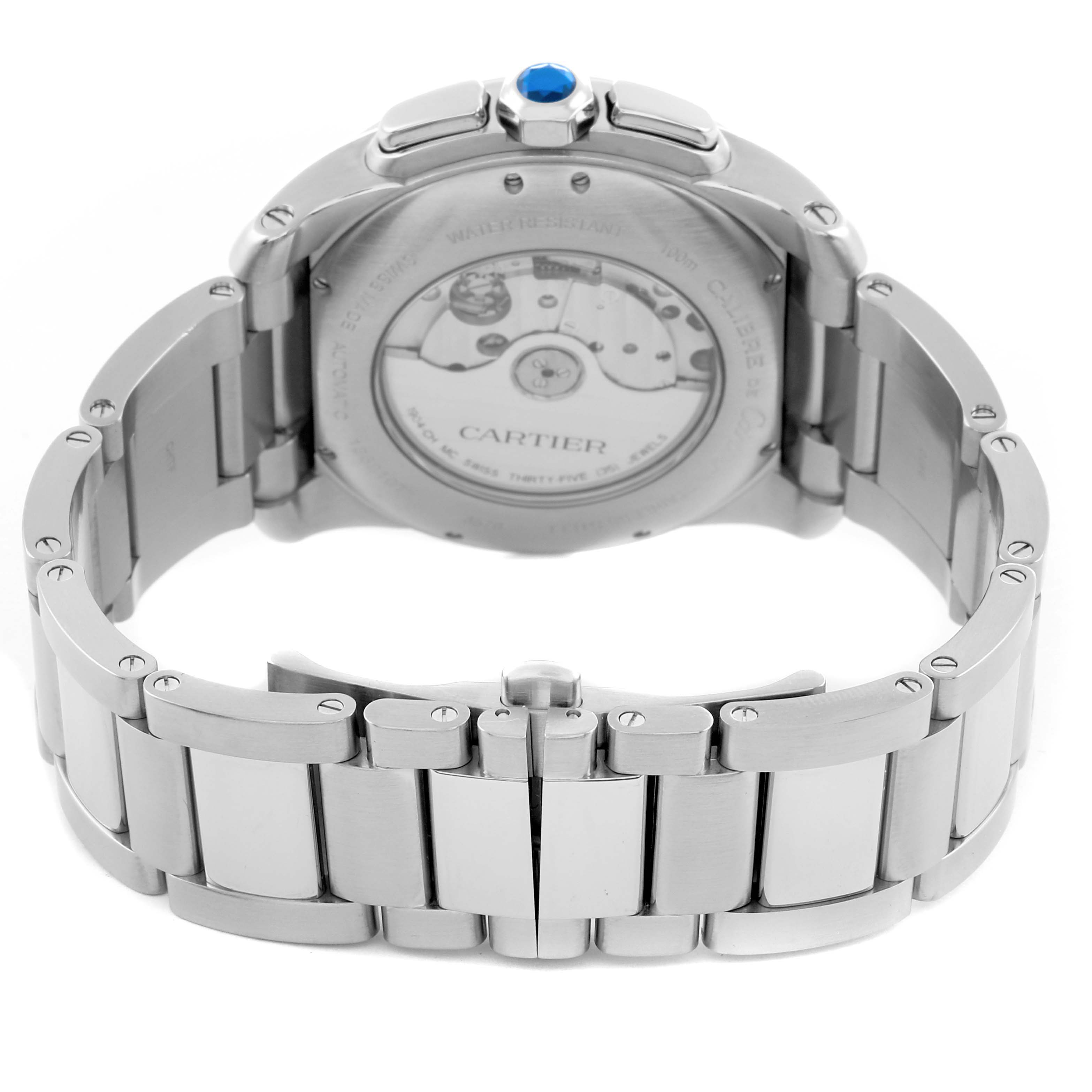 The image shows the back view of a Calibre de Cartier watch by Cartier, highlighting the case back and bracelet.
