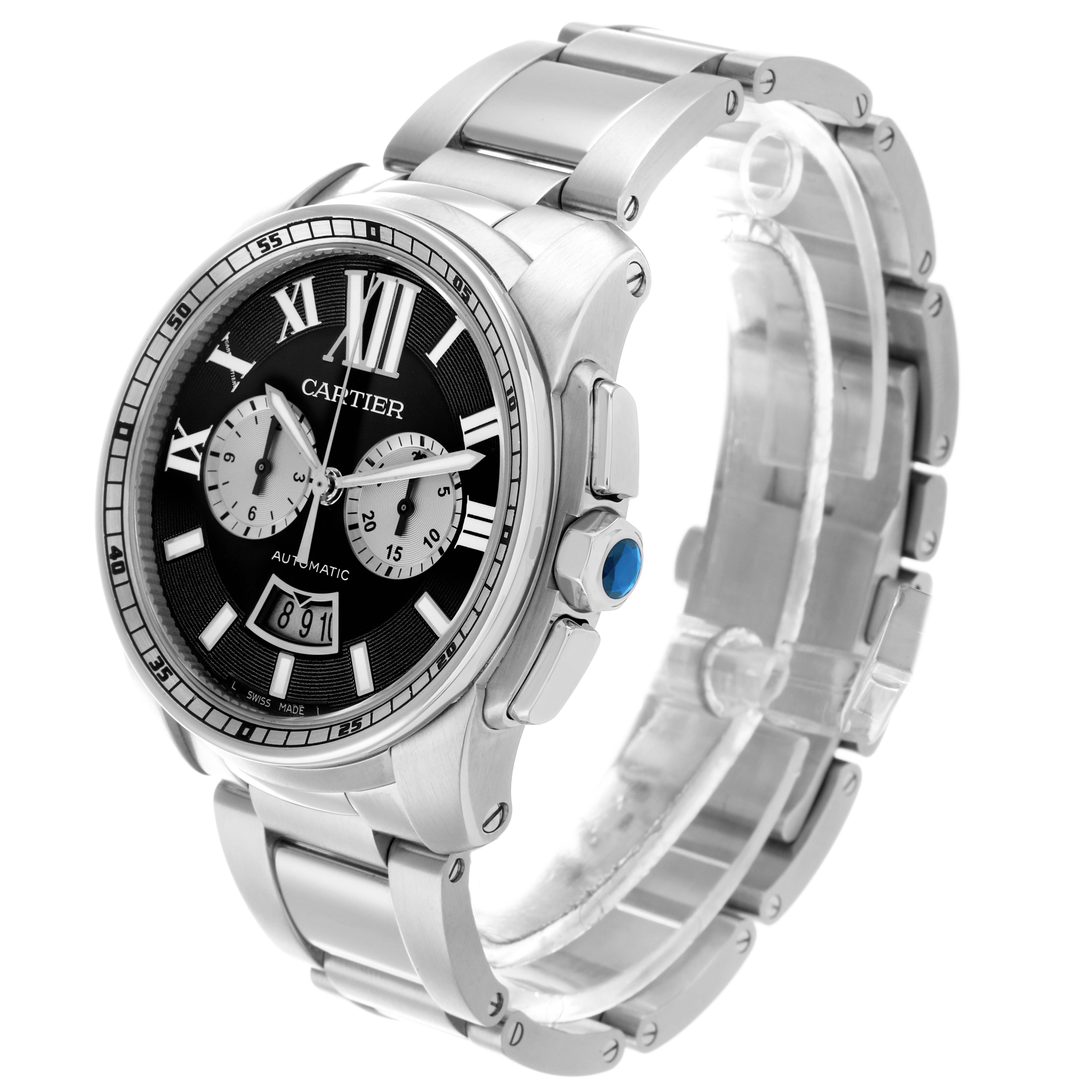 The Calibre de Cartier watch is shown at a three-quarter angle, highlighting the face, bezel, crown, and part of the bracelet.