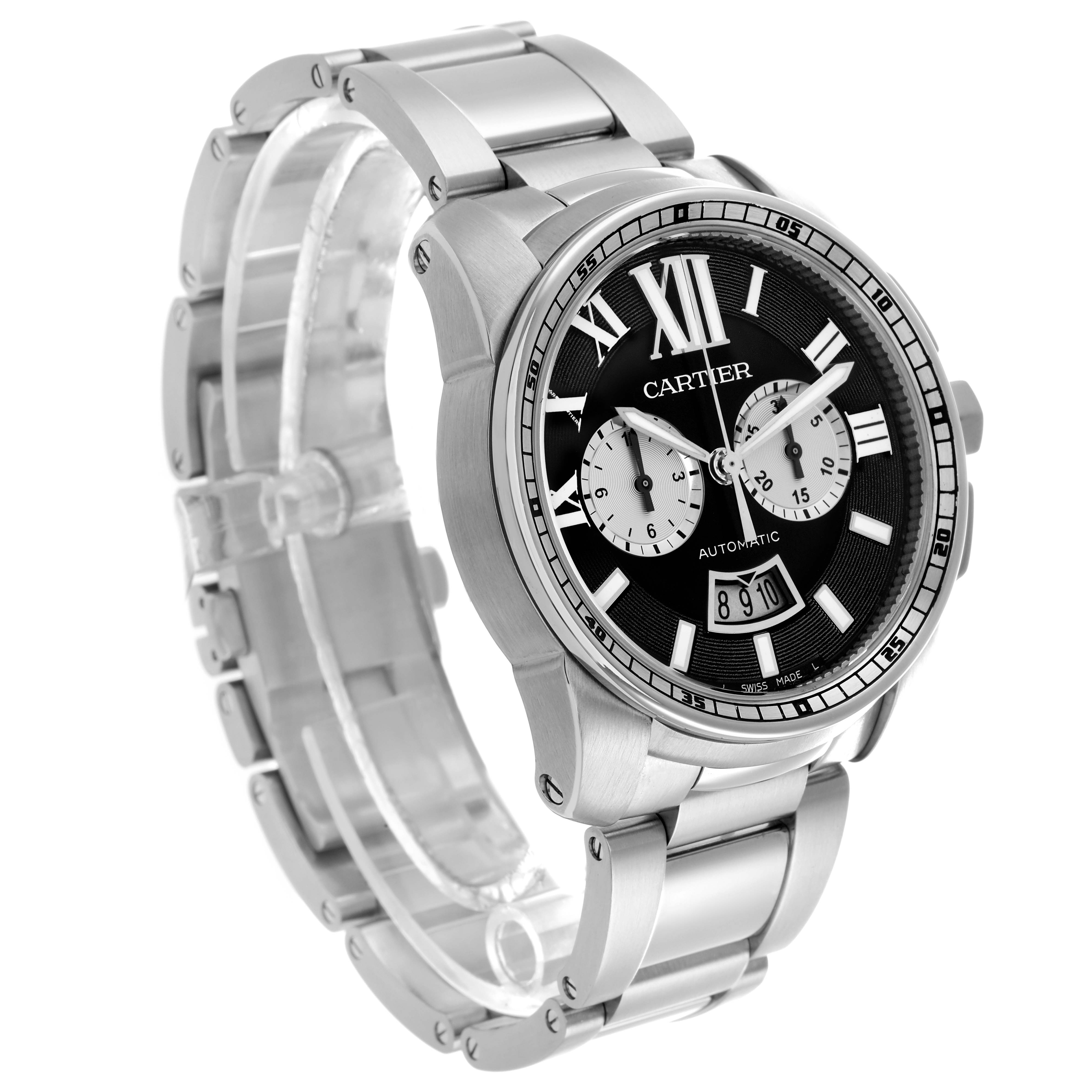 The Calibre de Cartier watch is shown from a three-quarter angle, highlighting its silver bracelet, black dial, and sub-dials.