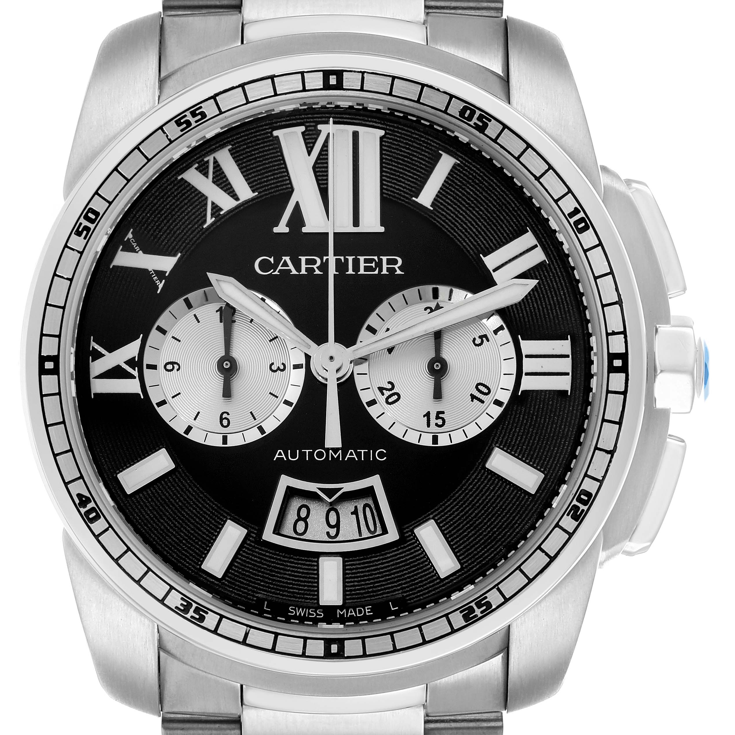 The Calibre de Cartier watch is shown from a front angle, displaying its dial, Roman numerals, chronograph subdials, and date window.