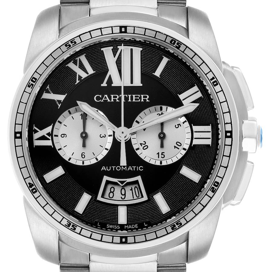 The Calibre de Cartier watch is shown from a front angle, displaying its dial, Roman numerals, chronograph subdials, and date window.
