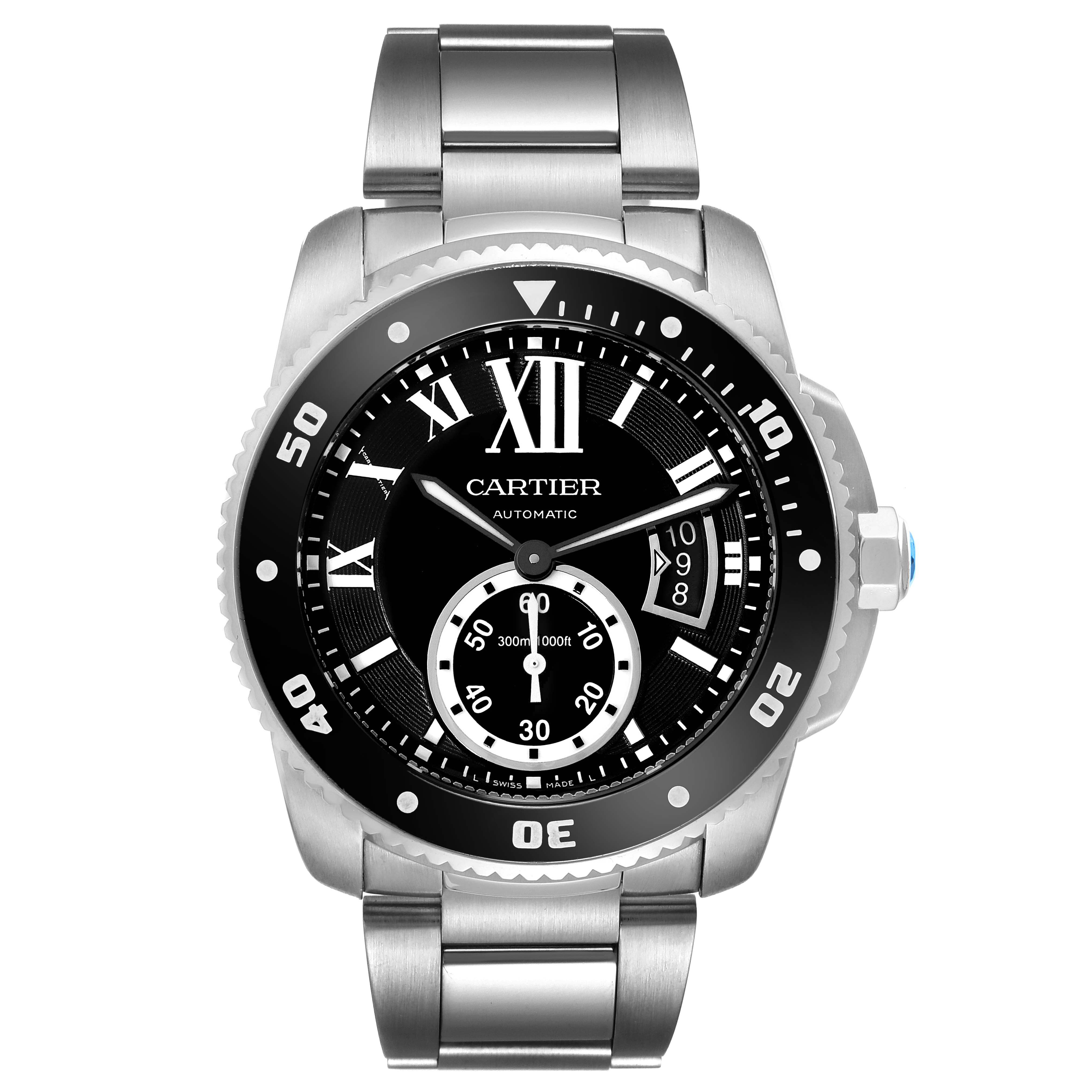 The image shows a front view of a Calibre de Cartier watch by Cartier, highlighting the dial, bezel, bracelet, and crown.