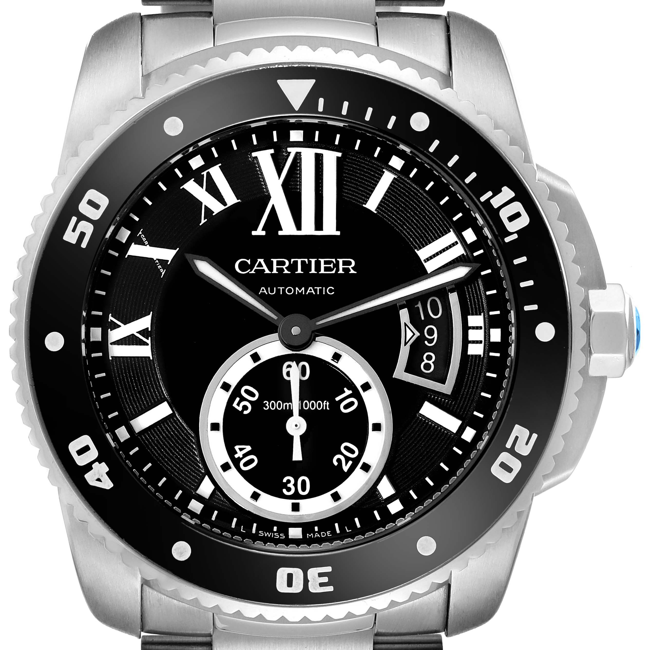 This image shows the front view of a Calibre de Cartier watch by Cartier, including the dial, bezel, and part of the bracelet.