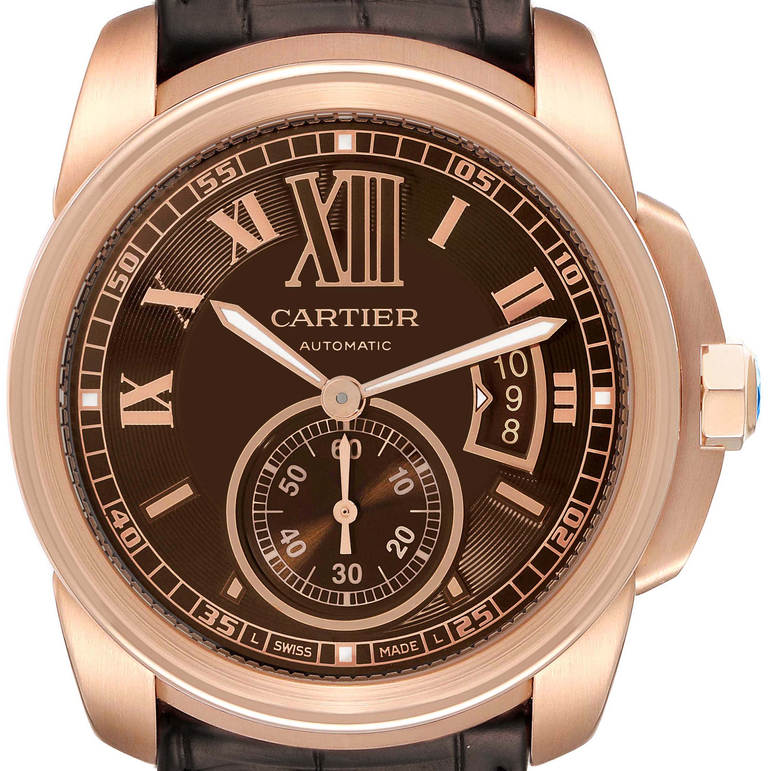 This is a front-facing view of the Calibre de Cartier model by Cartier, showing the watch face, bezel, crown, and leather strap.