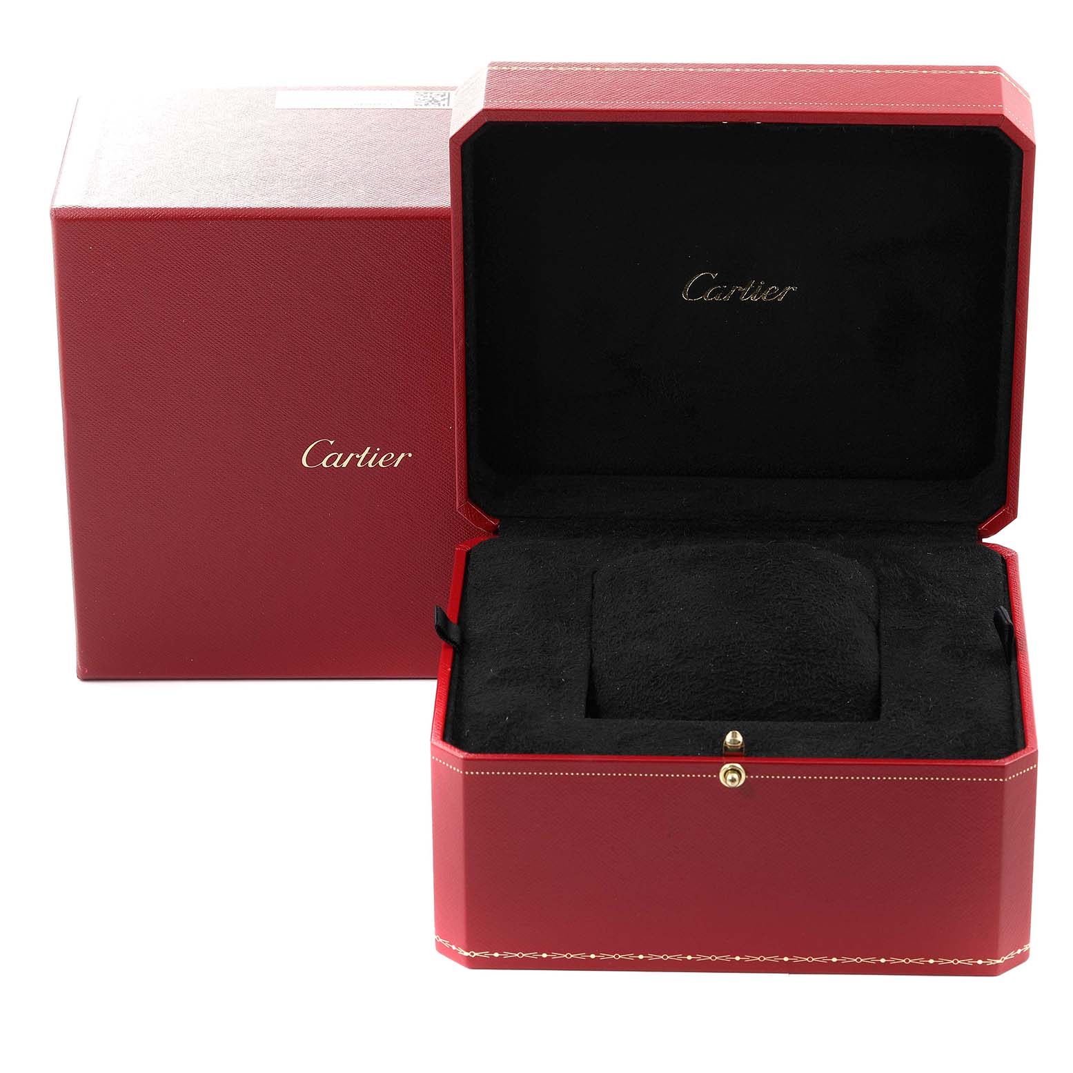This image shows a red Cartier watch box for the Calibre de Cartier model, with the box lid open and the cushion inside.