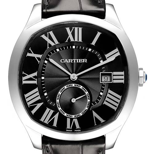 The Drive de Cartier watch is shown from a front view, highlighting the black dial, Roman numerals, and date window.