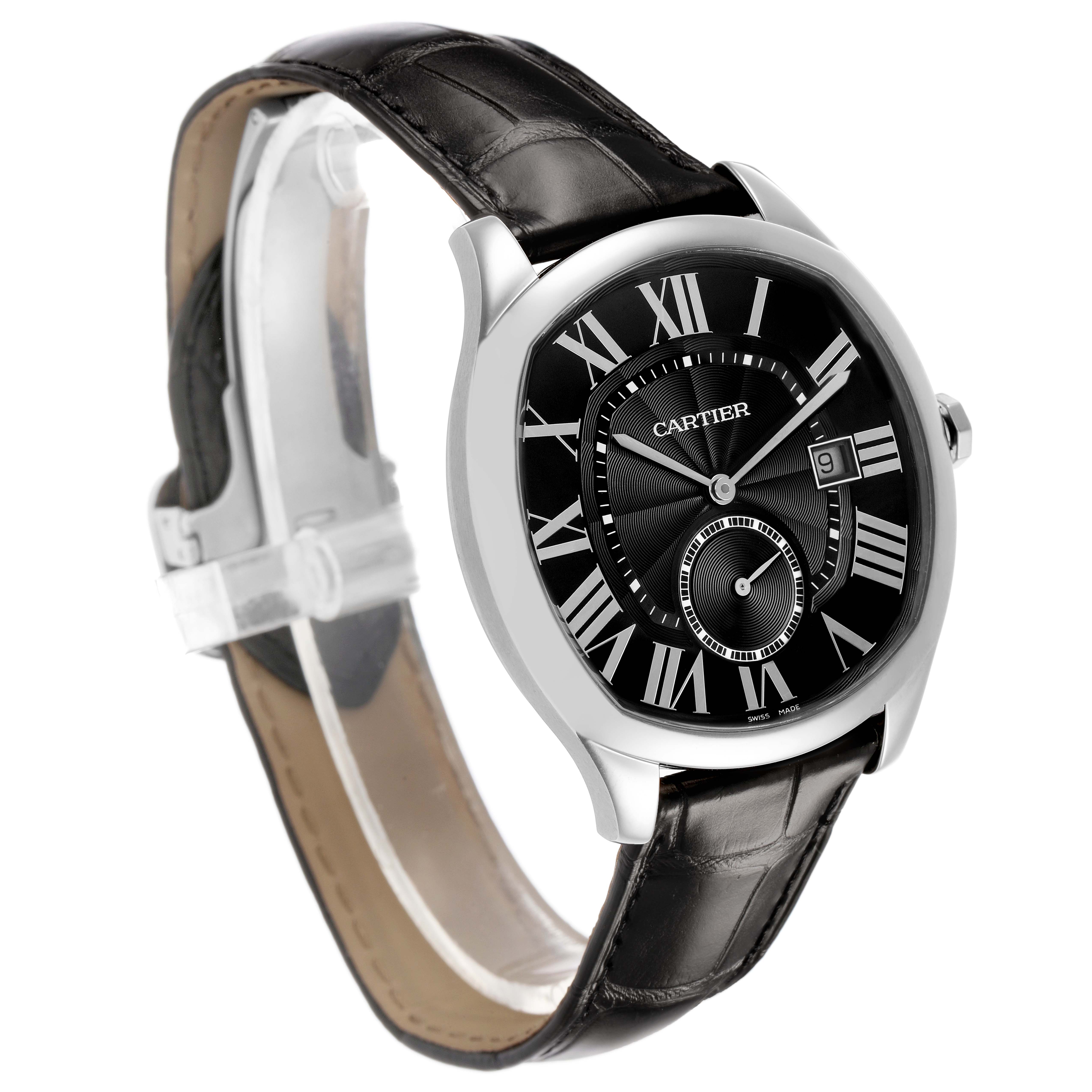 The Drive de Cartier watch is shown at a three-quarter angle, highlighting its black leather strap and black dial with Roman numerals.