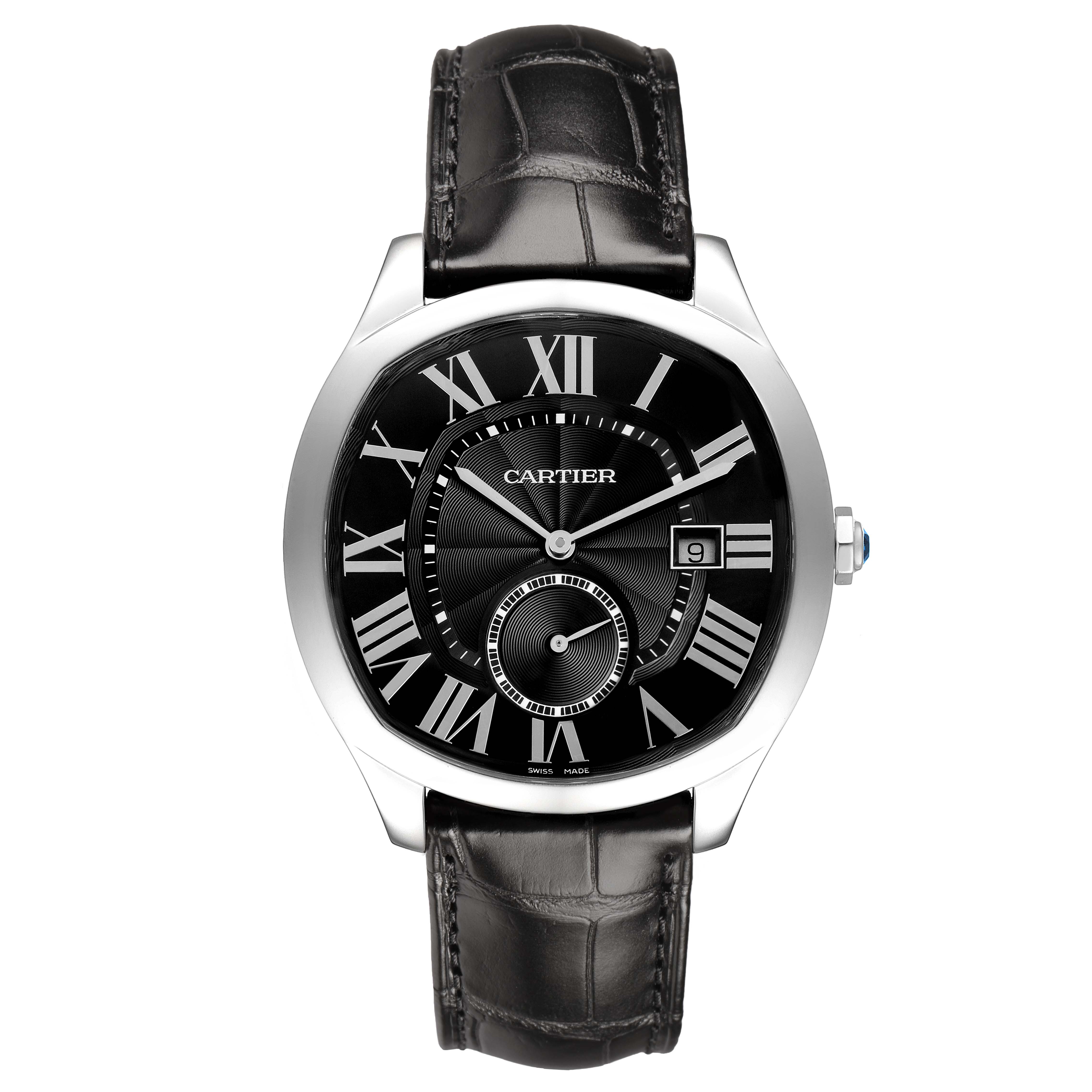 The Drive de Cartier watch is shown from a front angle, highlighting the dial, case, and leather strap.
