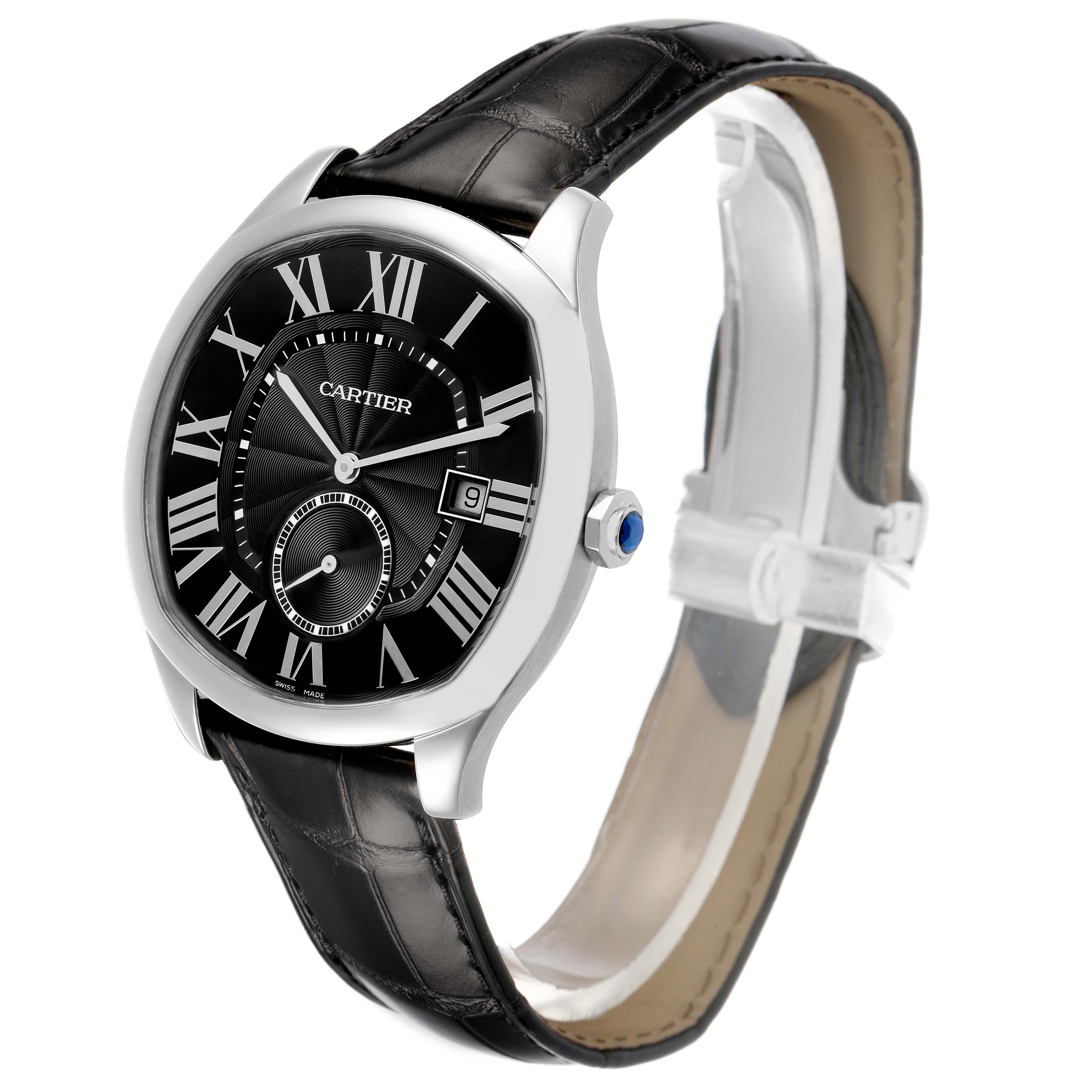 The Drive de Cartier watch is shown at a three-quarter angle, highlighting the black dial, Roman numerals, and leather strap.