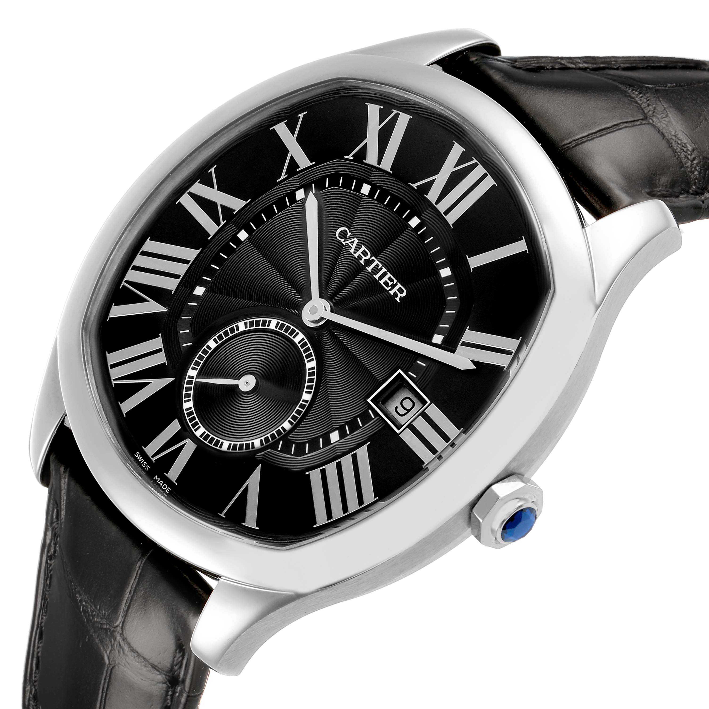 The Drive de Cartier watch is shown at a slight angle, revealing the black dial, Roman numerals, and date window, with a visible crown.