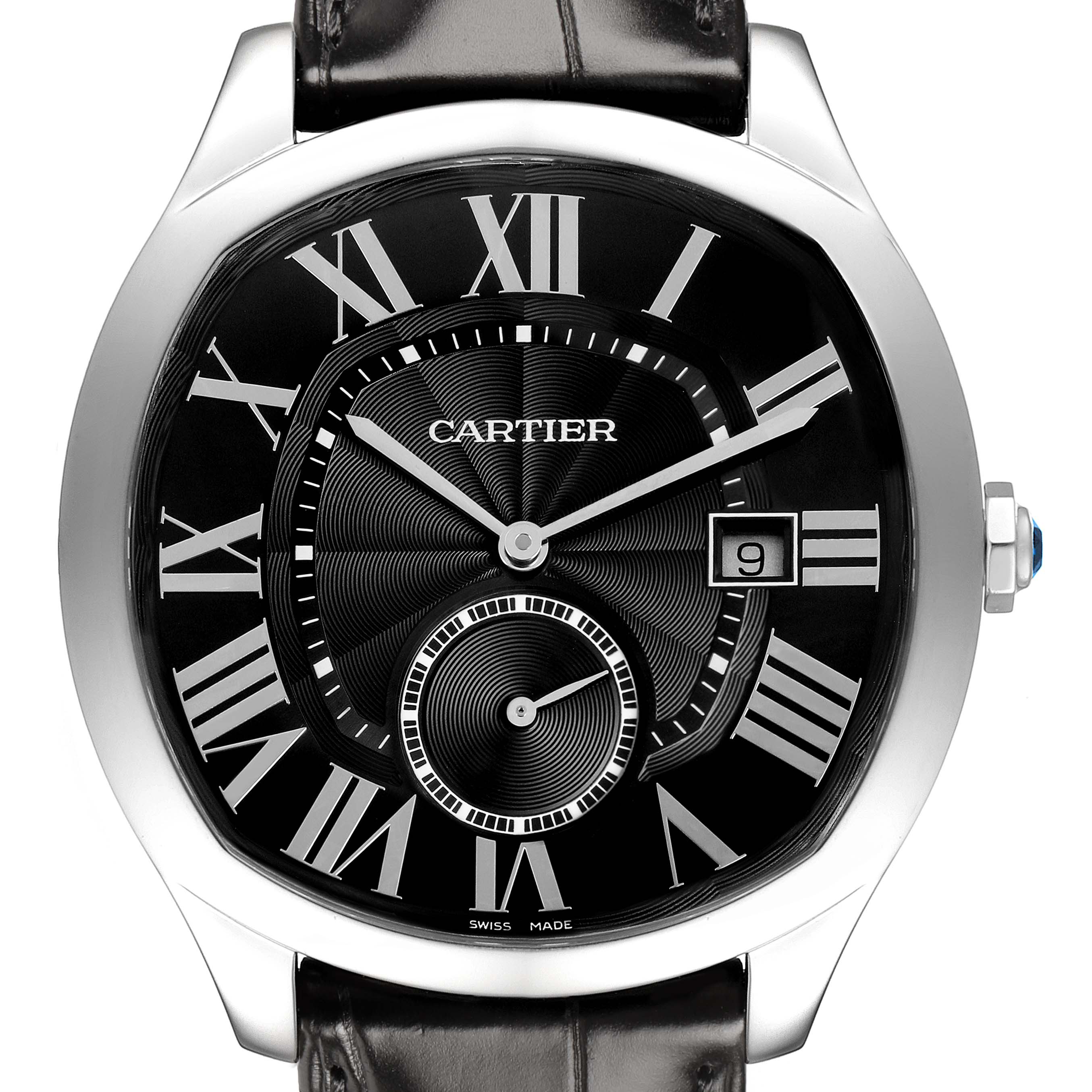 The Drive de Cartier watch by Cartier is shown from the front, highlighting the dial, Roman numerals, hands, and date window.