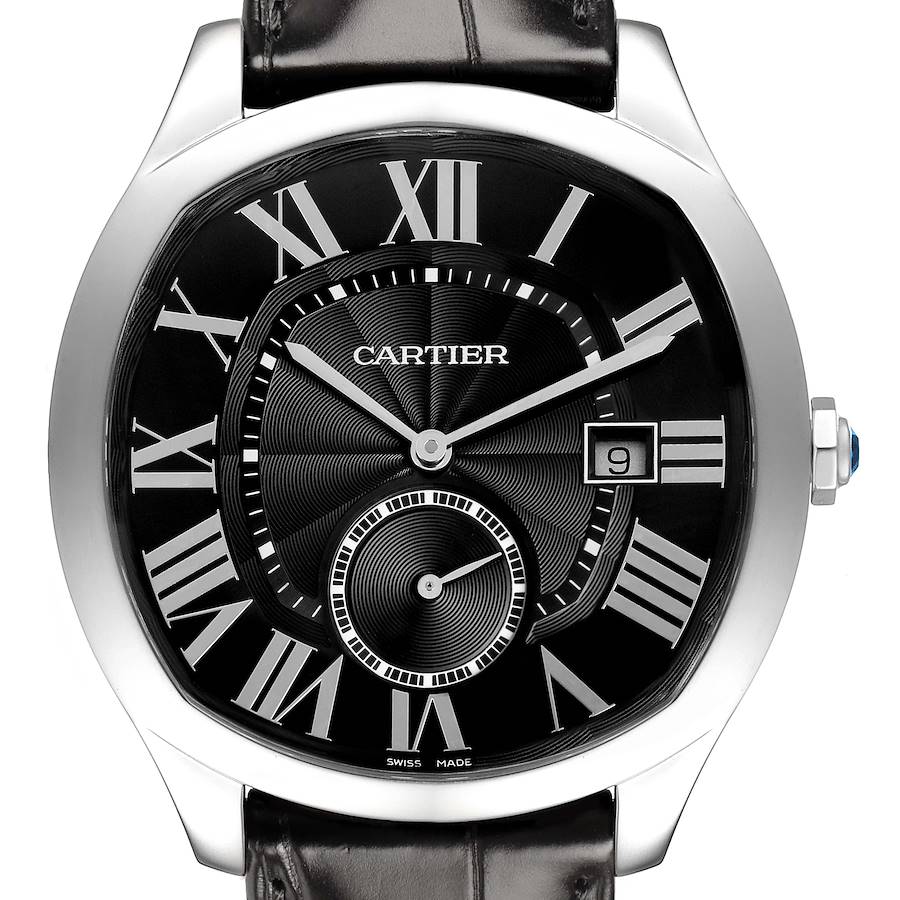The Drive de Cartier watch by Cartier is shown from the front, highlighting the dial, Roman numerals, hands, and date window.