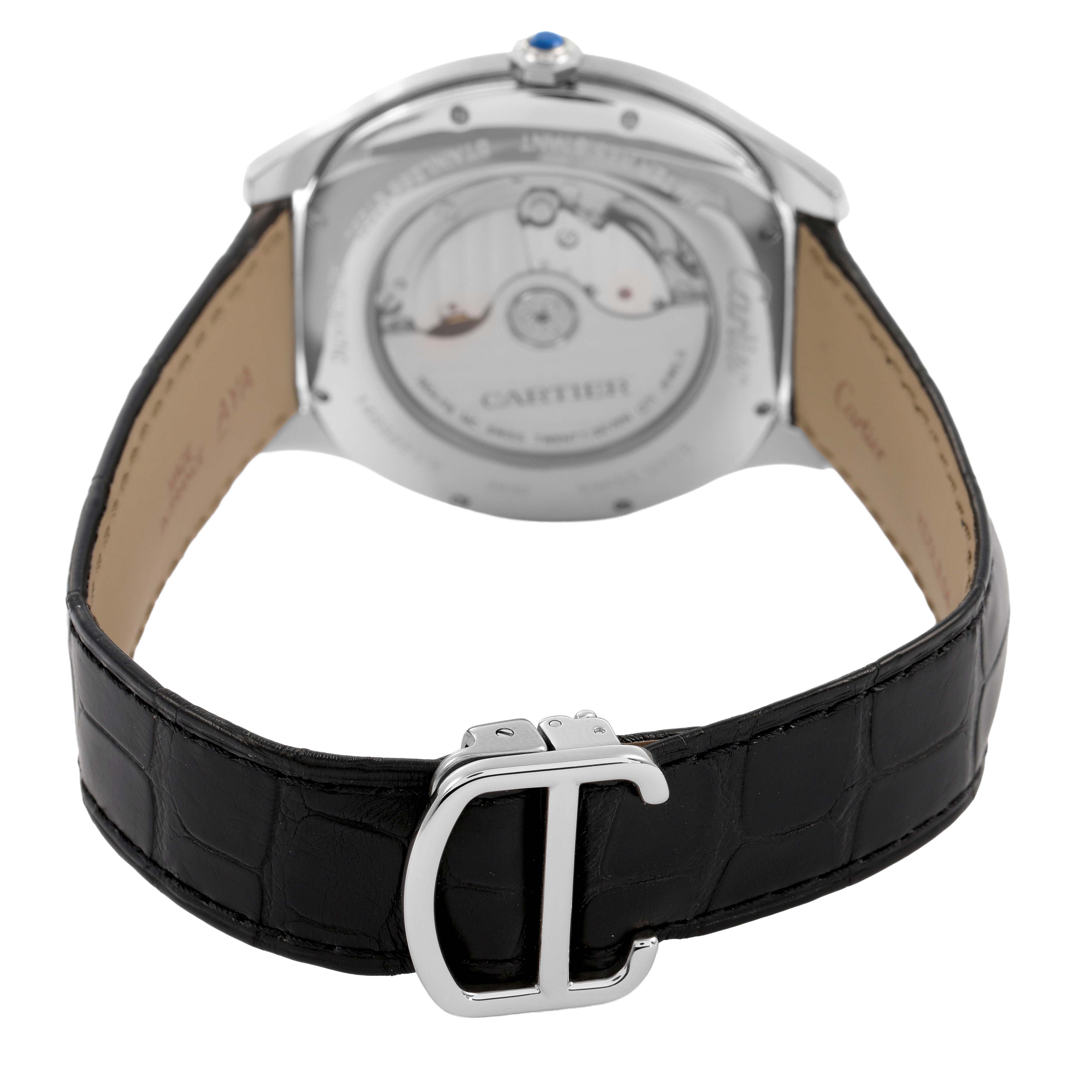 The Drive de Cartier watch is shown from the rear, highlighting the case back and the leather strap with the Cartier clasp.